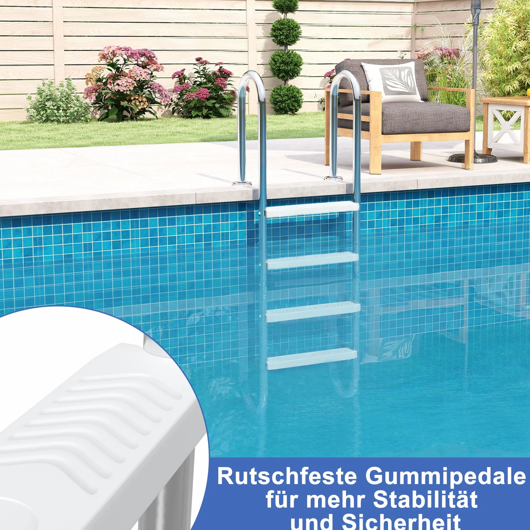 XMTECH Escalera de piscina acero inoxidable 4 peldaños incluye material montaje anclaje plástico almohadillas antideslizantes plateada