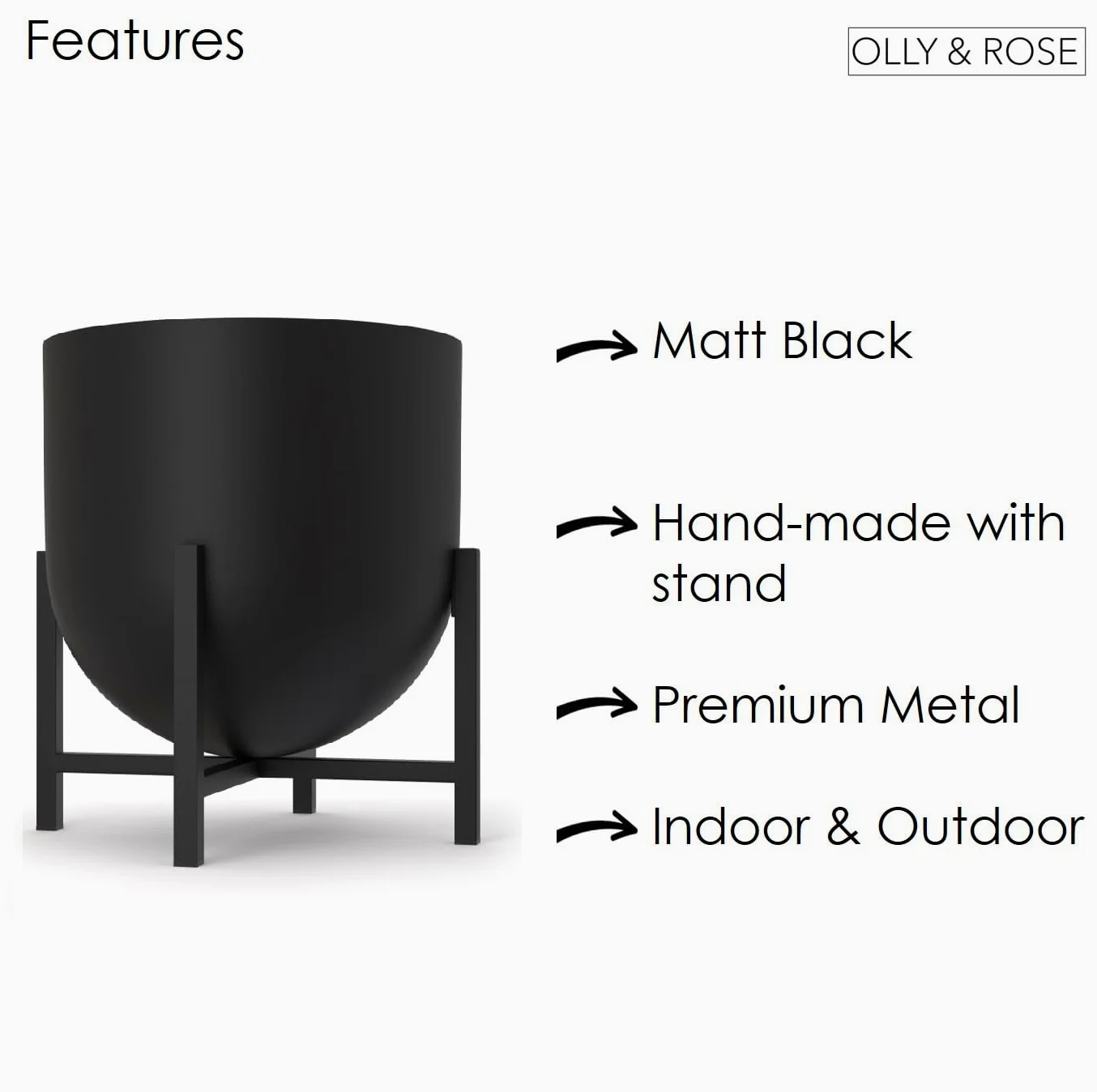 Olly & Rose Maceta con soporte para plantas – Maceteros de metal para interior, maceta grande (negro, 22 cm)
