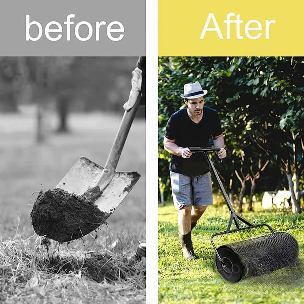 Esparcidor de compost, herramienta de malla de metal duradera con mango triangular para césped y jardín, ideal para plantar, sembrar y esparcir estiércol