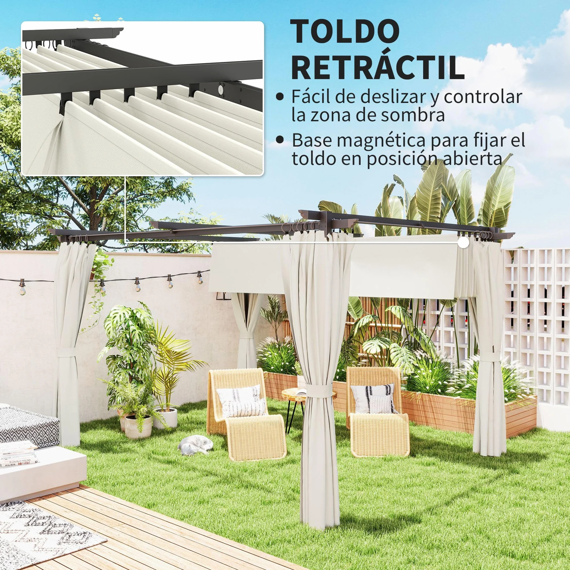 Outsunny Pérgola de Aluminio 4x3 m con Techo Retráctil y Paredes Laterales Anti-UV Resistente al Agua para Jardín