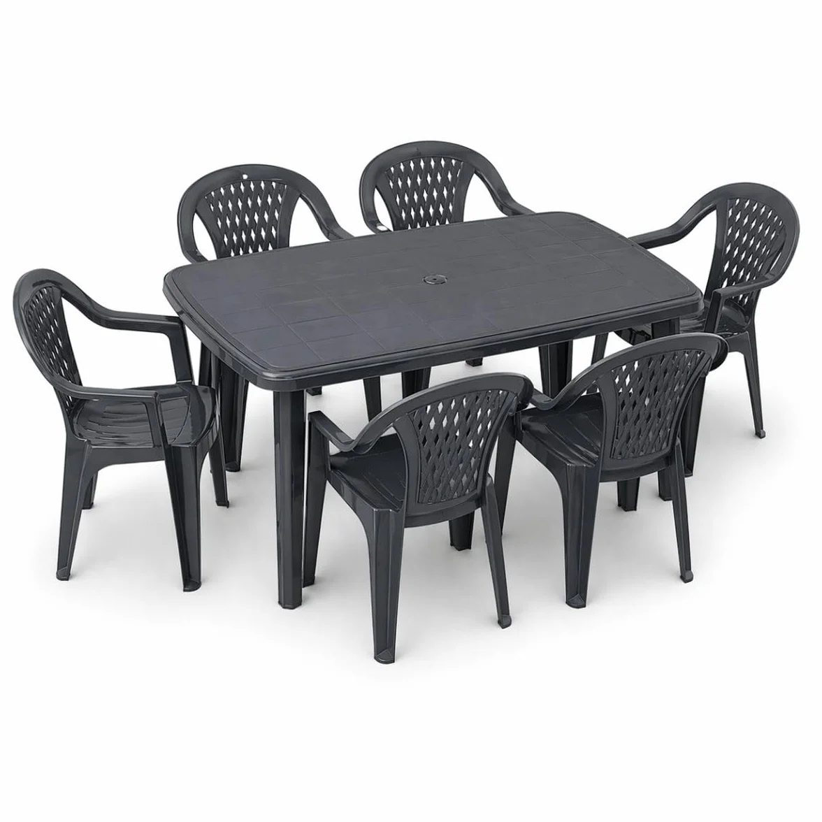 Tomaino - Juego de mesa y sillas de exterior de plástico de 6 plazas – 6 sillas con reposabrazos apilables y 1 mesa rectangular de jardín, terraza (antracita)