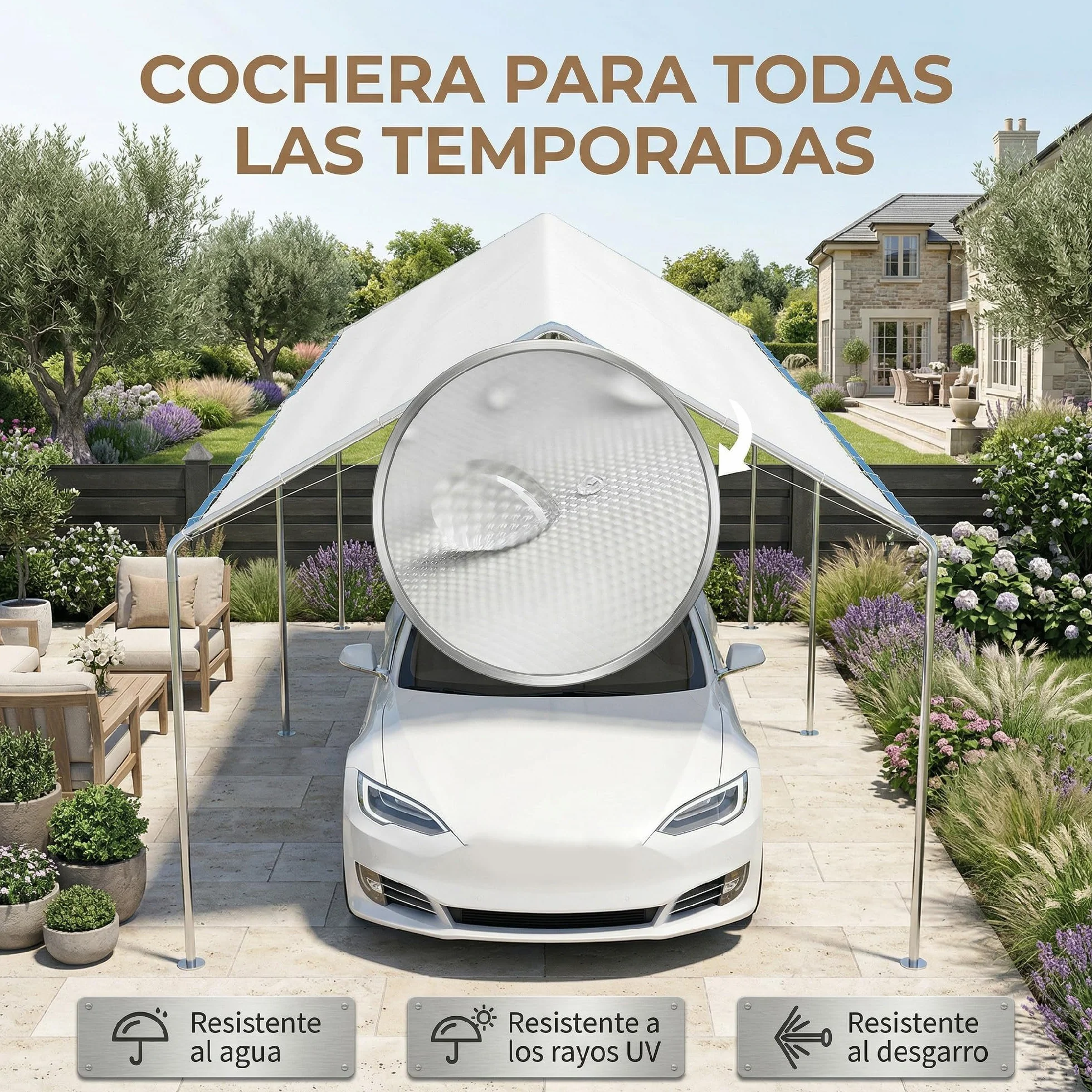 Outsunny Carpa Garaje 3x6 m Cochera Exterior Portátil Impermeable Anti-UV Marco Acero Galvanizado Blanco