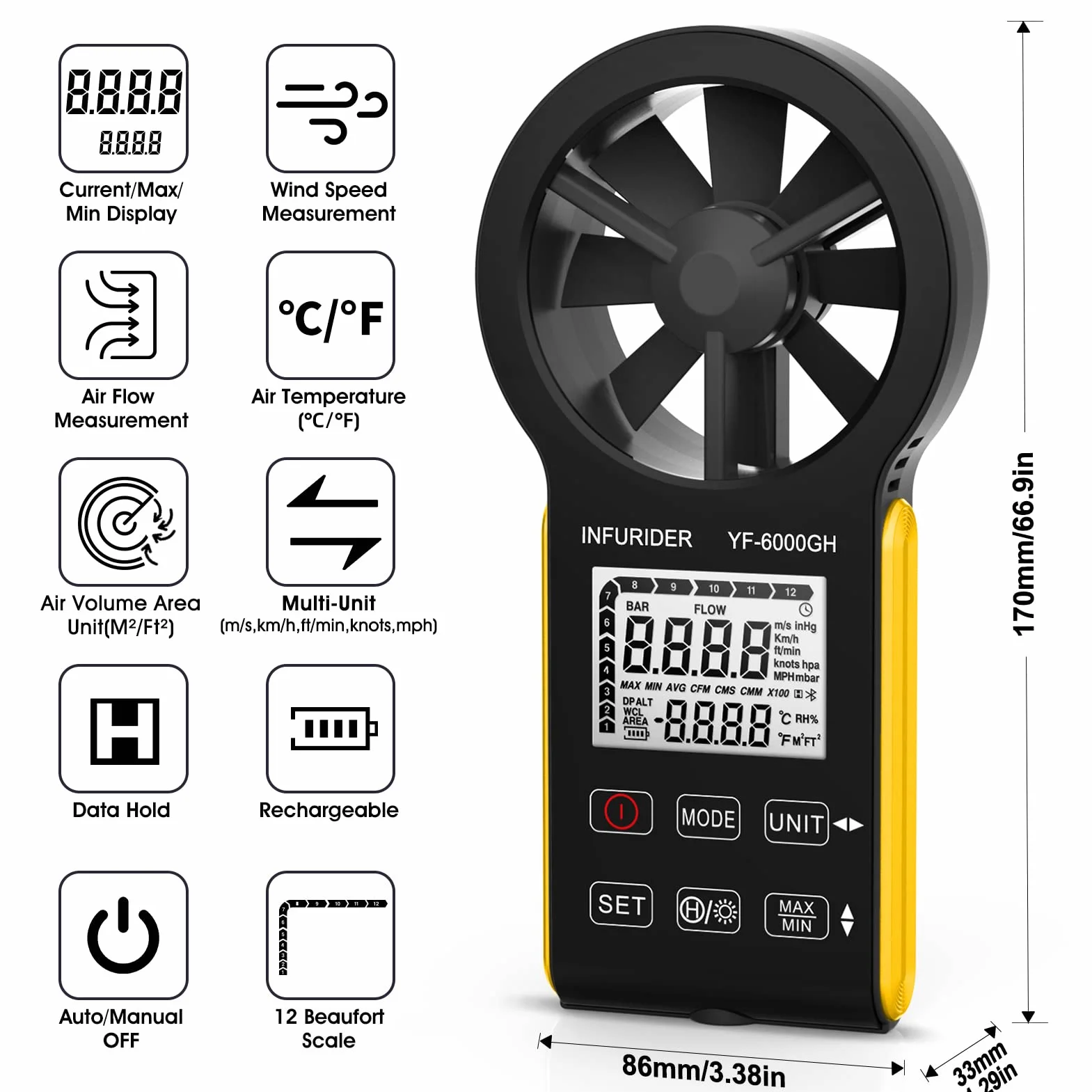 Anemómetro Portátil Recargable INFURIDER YF-6000GH, Medidor de Viento Digital con Temperatura