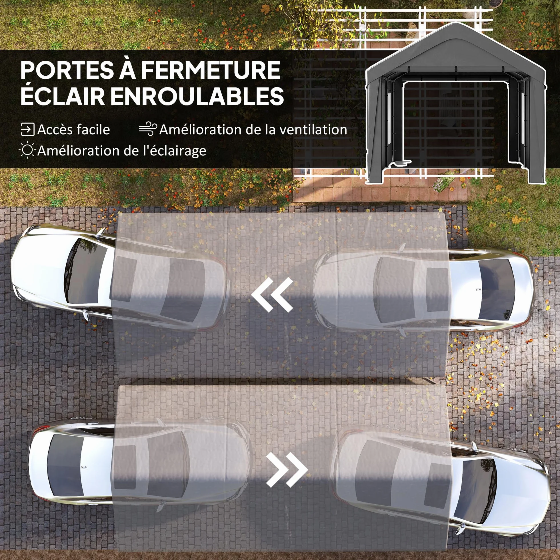 Outsunny Carport Cobertizo para coche 3x6 m 2 puertas enrollables 4 ventanas gris oscuro
