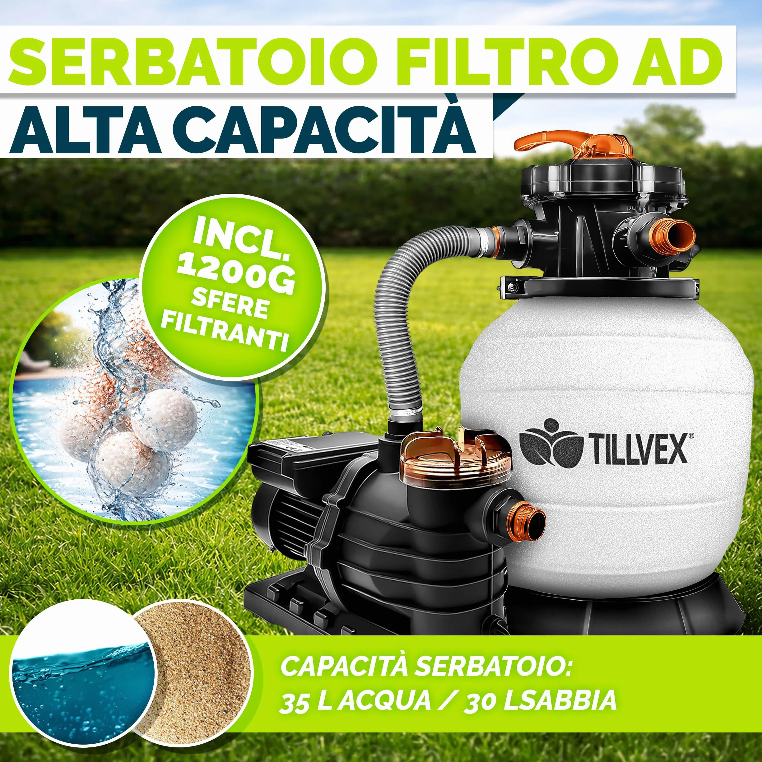 Tillvex Depuradora de Agua para Piscina 13.200L/h 40.000L Bomba de Filtro de Arena 7 Funciones Válvula