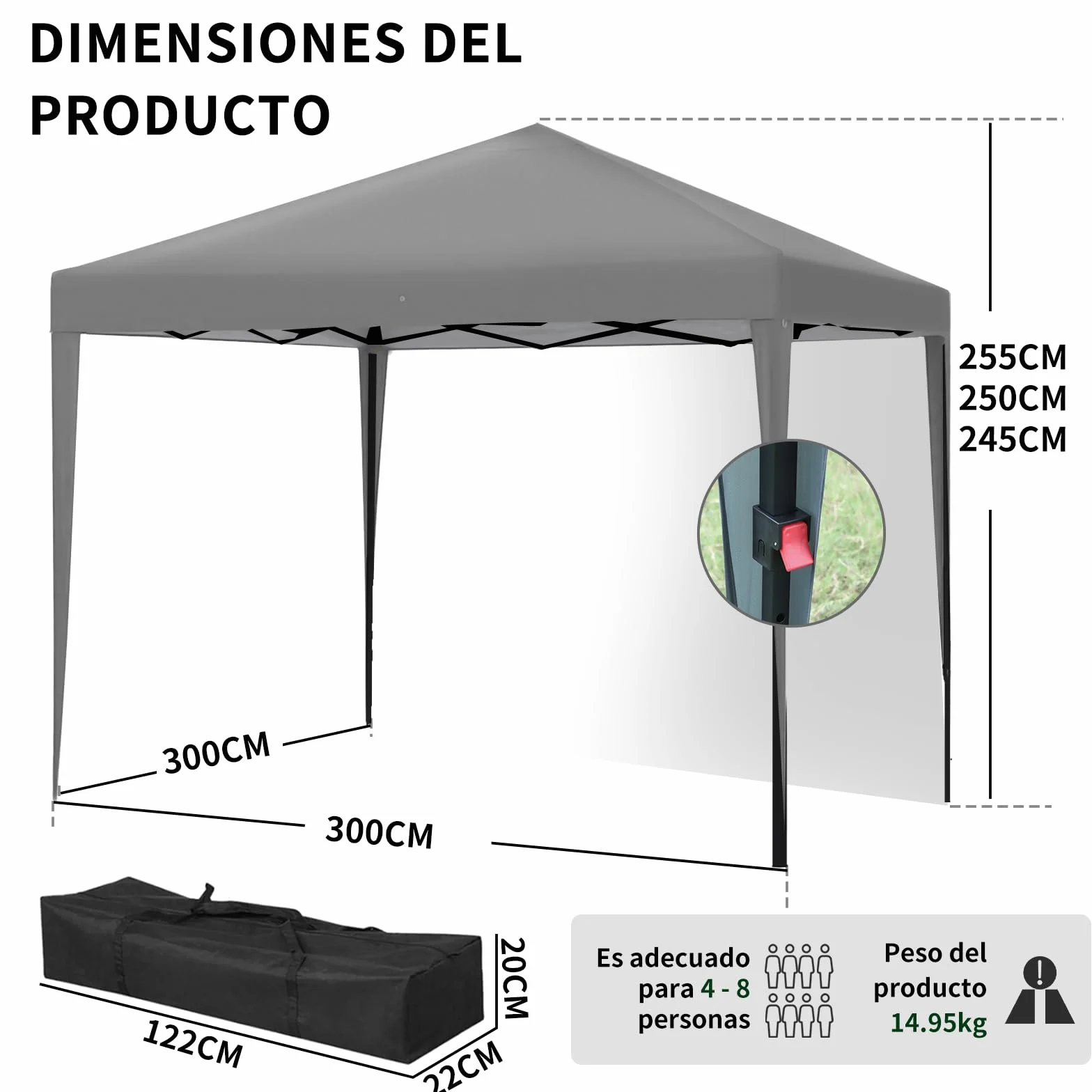ISE Carpa Plegable 3x3, pergolas de Jardin Robusto, Carpas para Exteriores con 4 Paredes pergolas de Laterales para Reception, Fiesta, Camping, Festival, Cerveza, Carpa Camping Gris