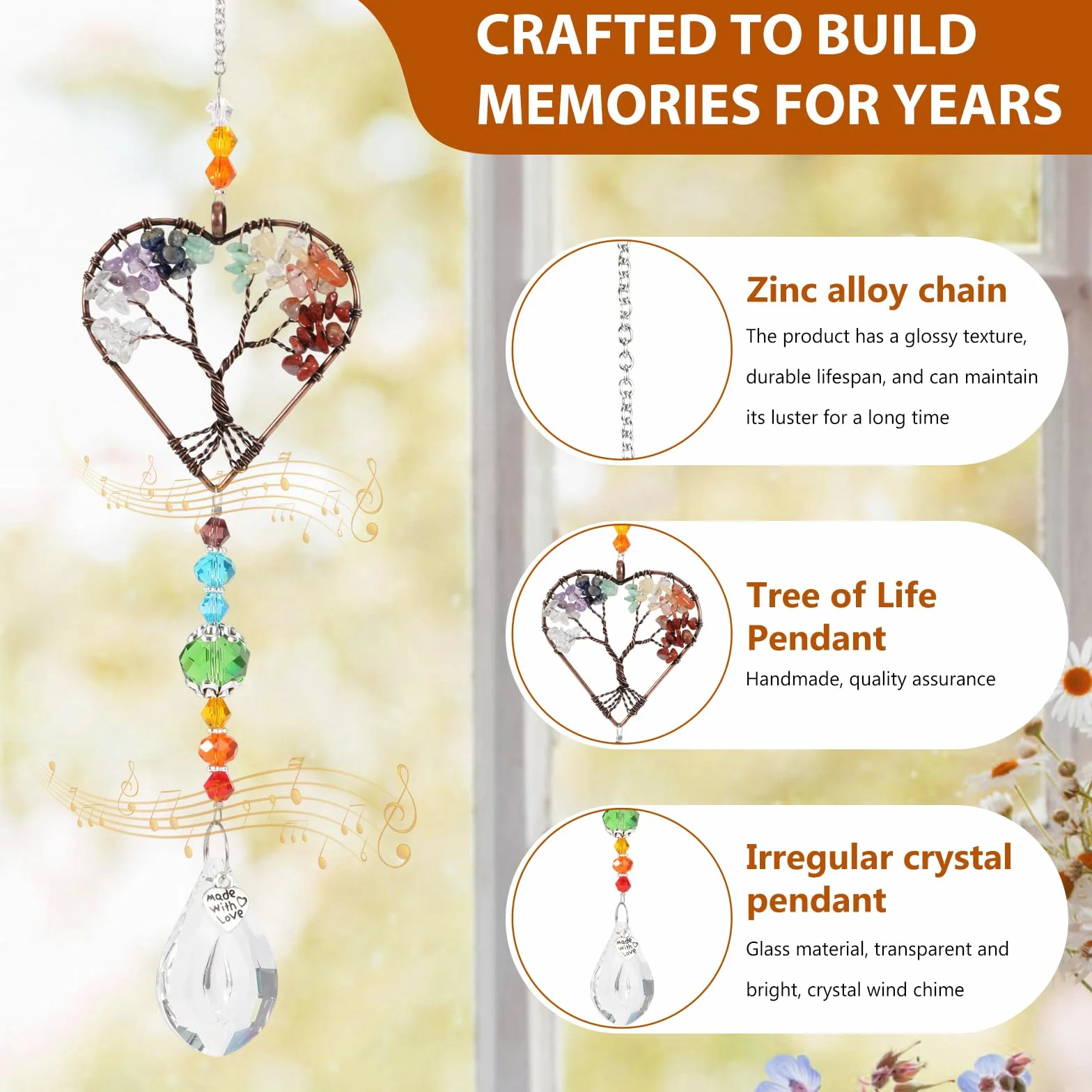 Juego de 3 atrapasueños de cristal, decoración de ventana colgante con piedra natural y cristal, carillón de viento para jardín