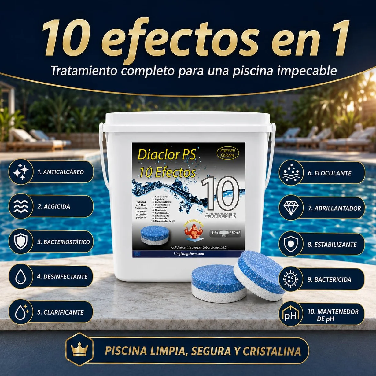 Cloro Total para Piscinas DIACLOR PS 5 KG - 50 Pastillas de Cloro Multiacción 100 gr