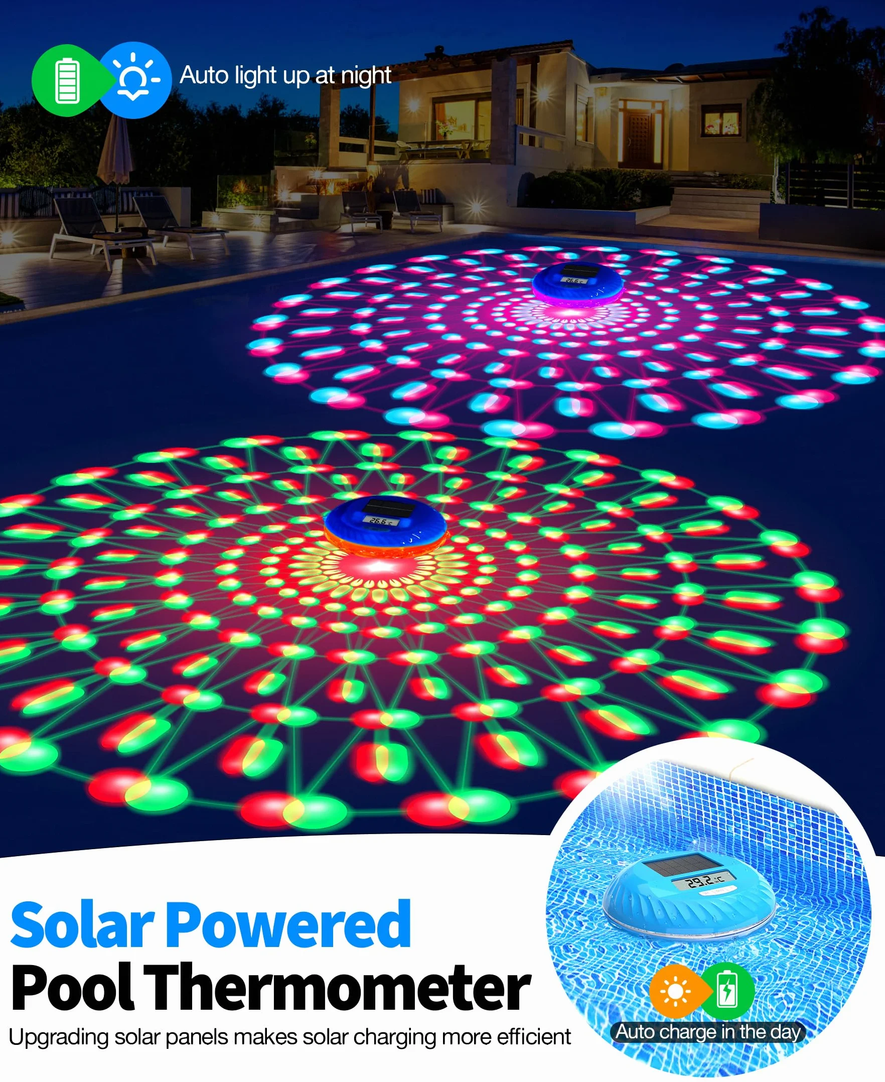LuxBlue Termómetro Piscina Flotante con Luces LED Solar IP68 Impermeable Digital
