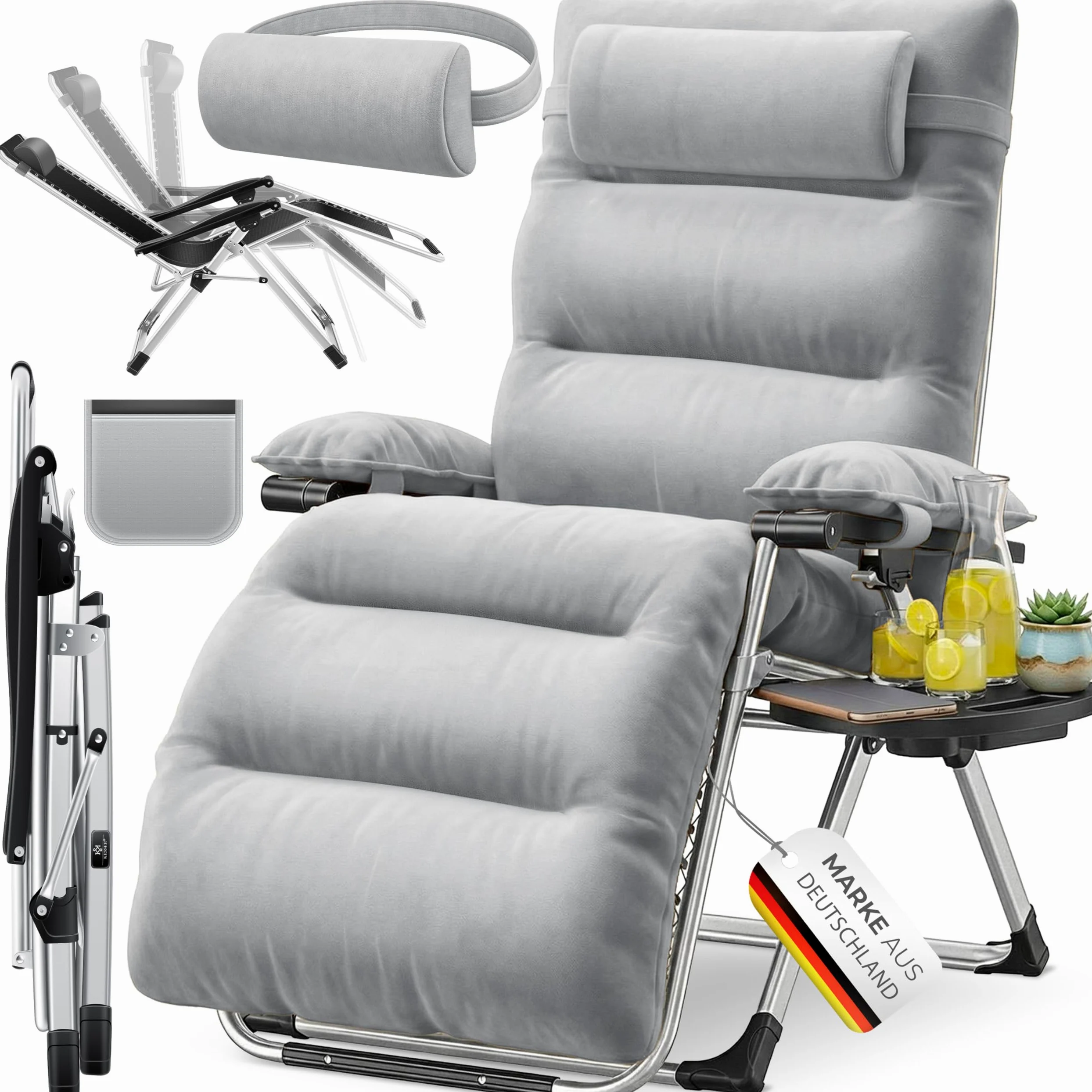 KESSER® Tumbona Plegable XXL, Resistente a la Intemperie, Capacidad de Carga 200kg, Tapizado Ergonómico, Respaldo Ajustable, Cojín Cervical, Portavasos y Cojín para Brazos, Basic - Gris