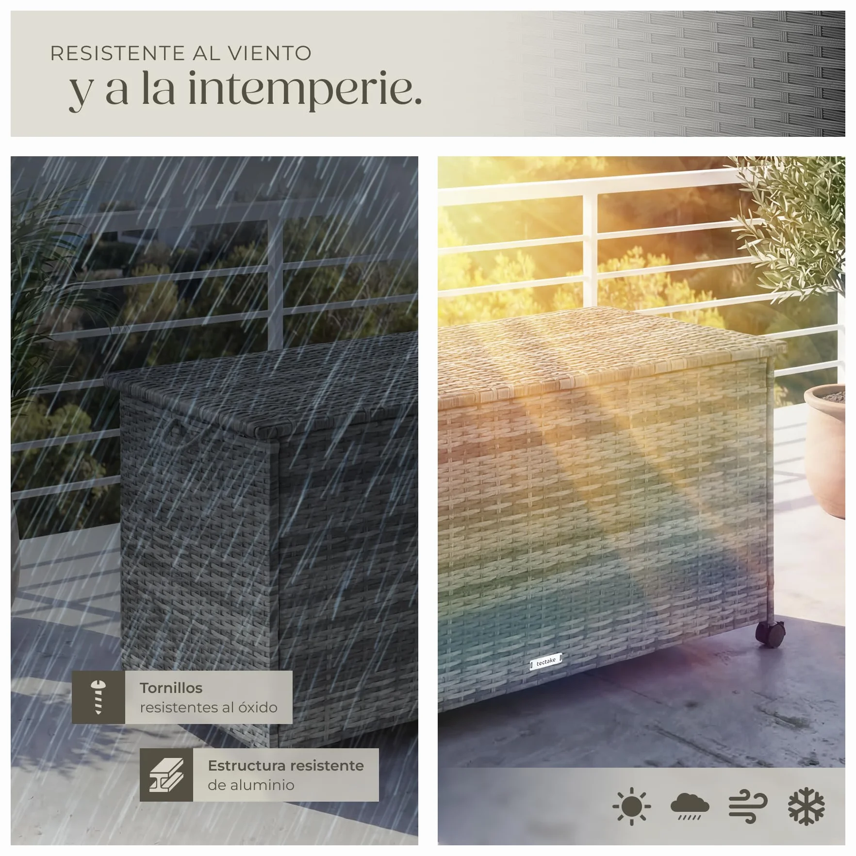 tectake Baul Almacenaje Exterior 253L Aluminio Ratán 116x54x64 cm Gris