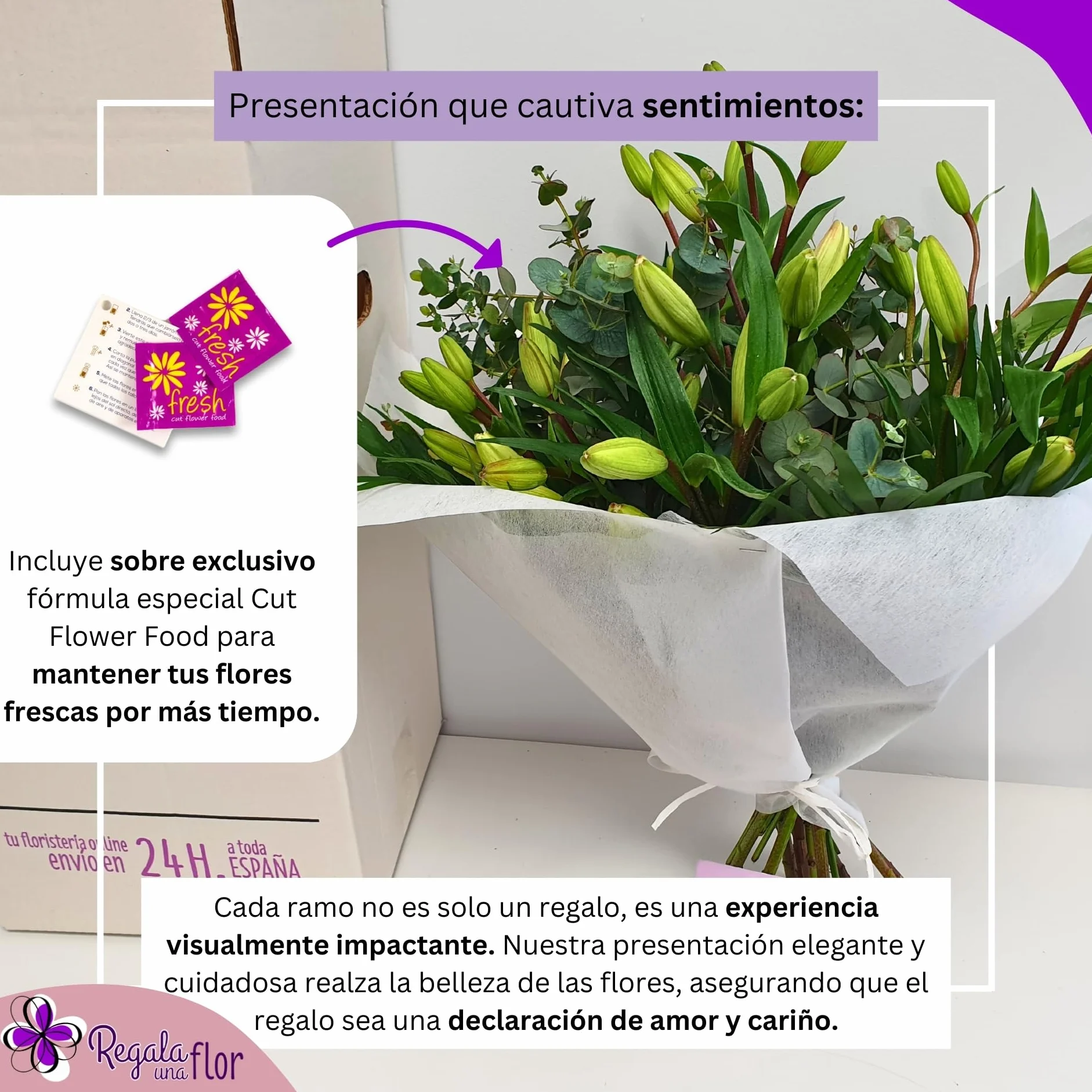 Ramo de flores naturales a domicilio Lilium blanco con tarjeta de dedicatoria