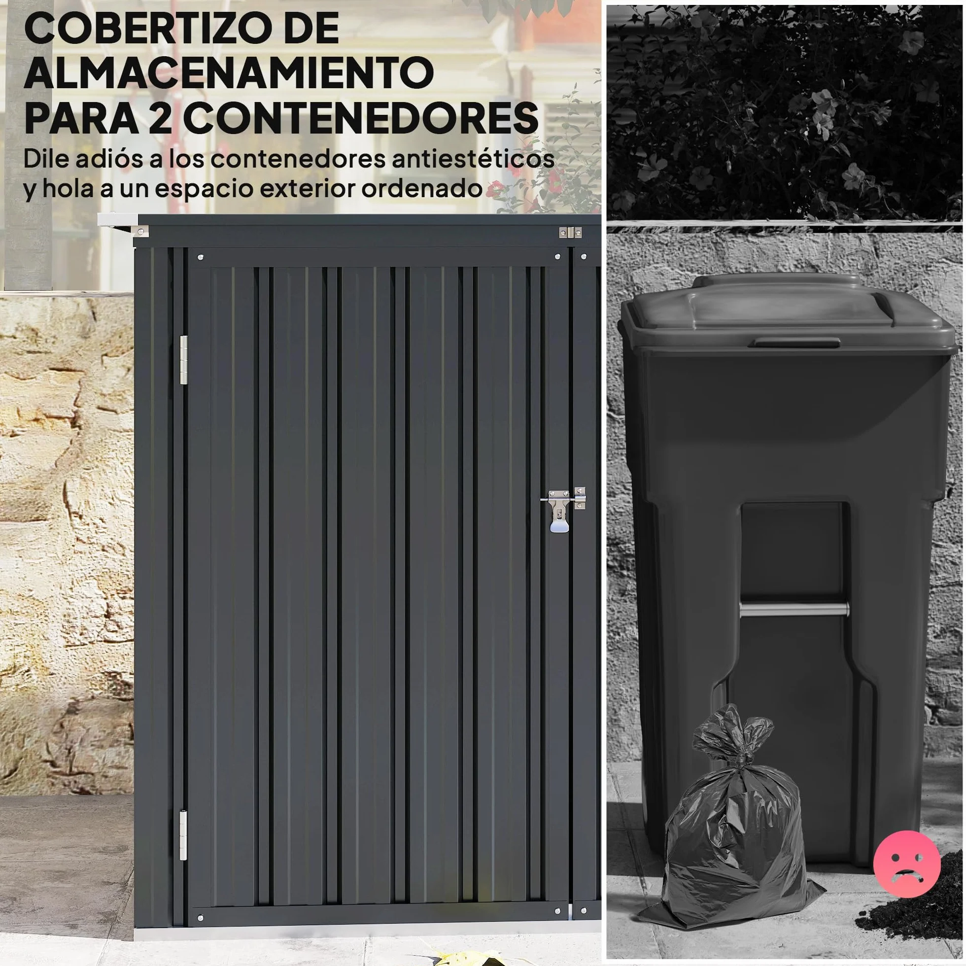 Outsunny Cobertizo para Contenedor de Basura Doble, Caseta para Cubo de 240L, Acero Galvanizado, 150x80x117 cm, Gris Oscuro