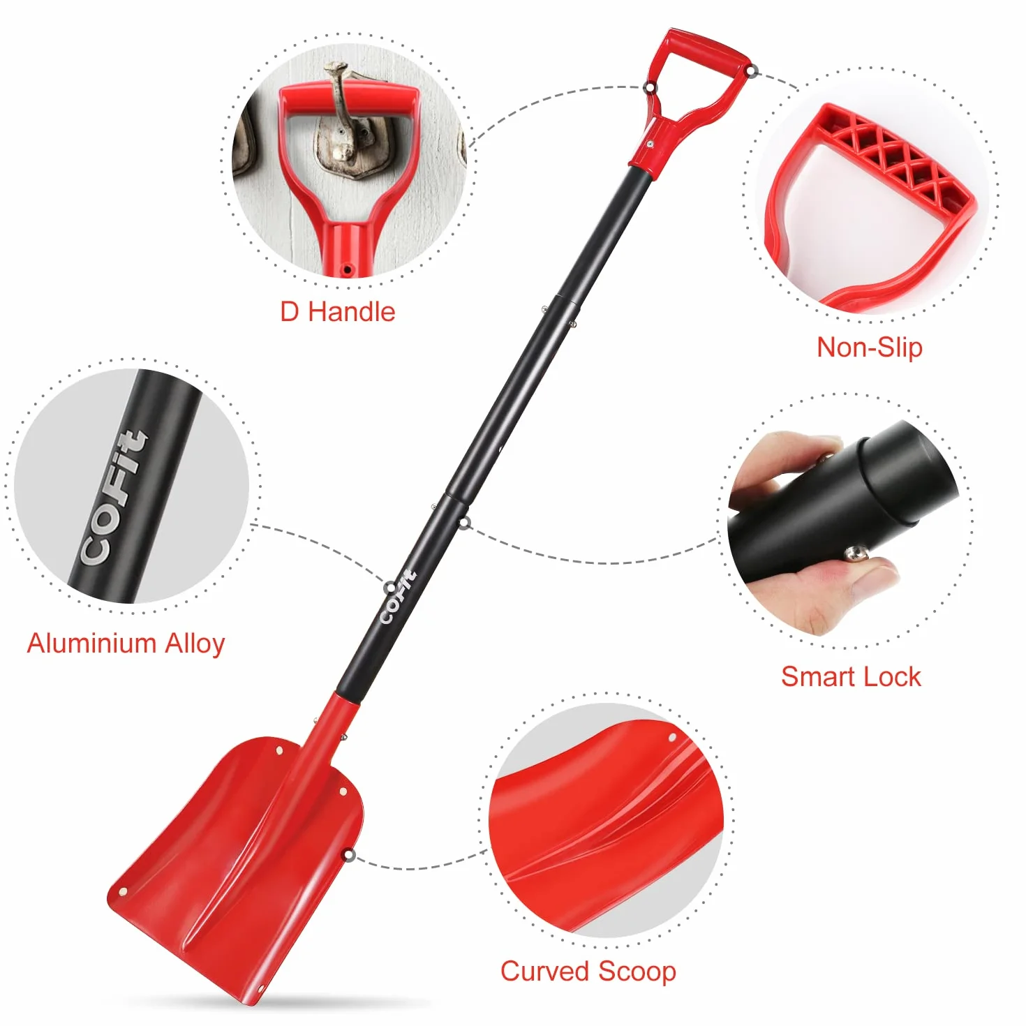 COFIT 120cm Pala Nieve Coche con Mango, Picas Jardineria Portátil para Hielo, Arena, Barro Herramienta Remoción Rojo