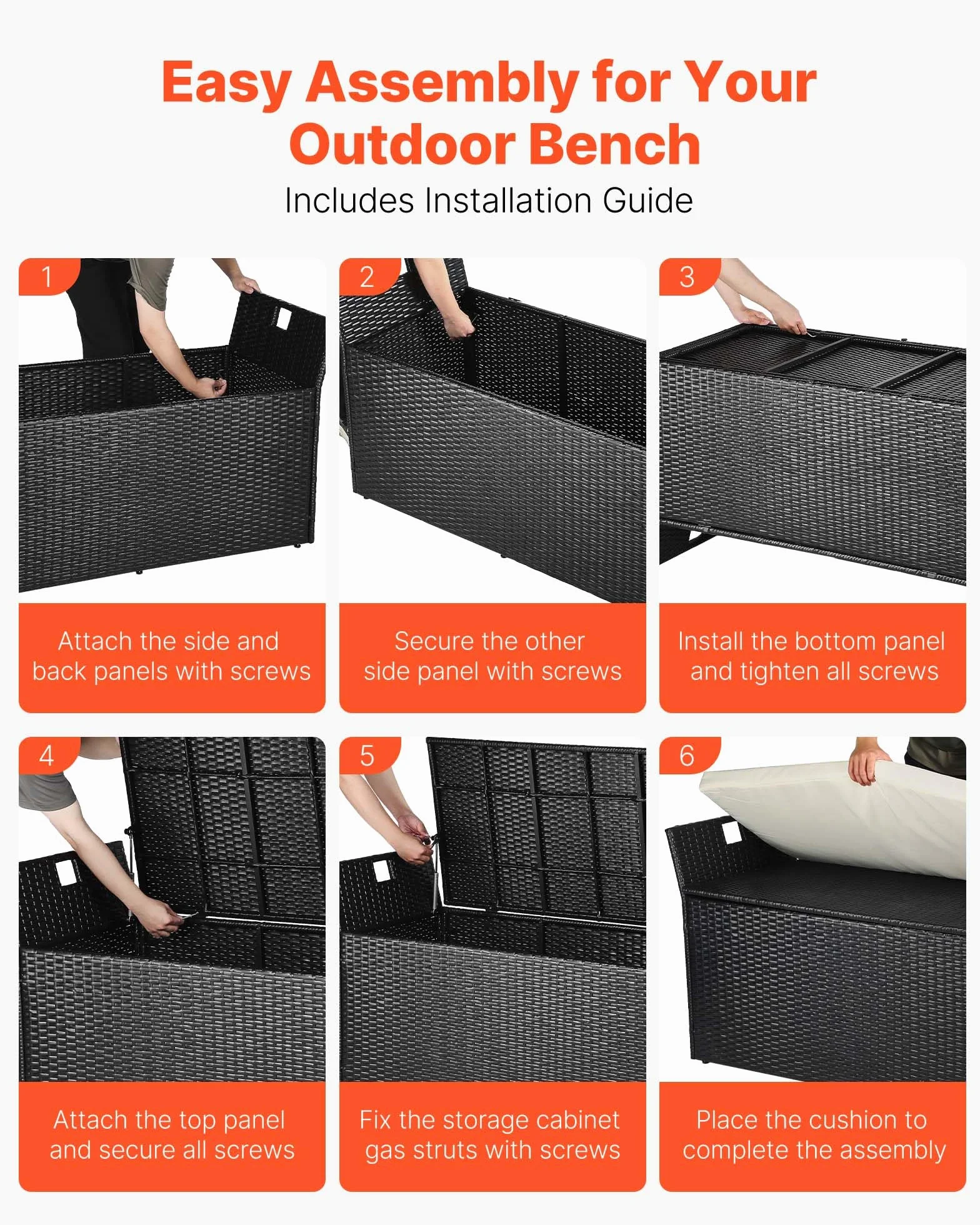 VEVOR Baúl de Almacenamiento de Ratán Sintético 125x55x70 cm con Cojín para Exterior, Jardín