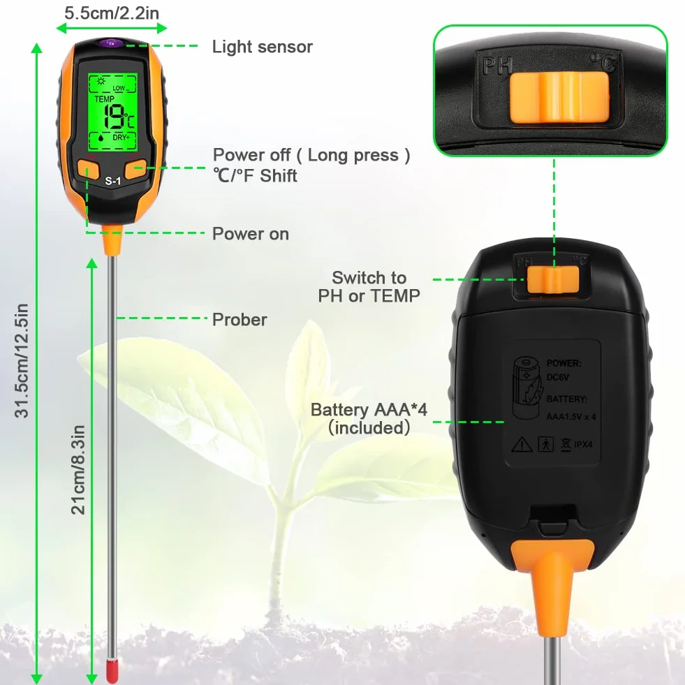Flintronic Medidor de pH de Suelo 4 en 1, Humedad del Suelo con pH/Temperatura/Luz