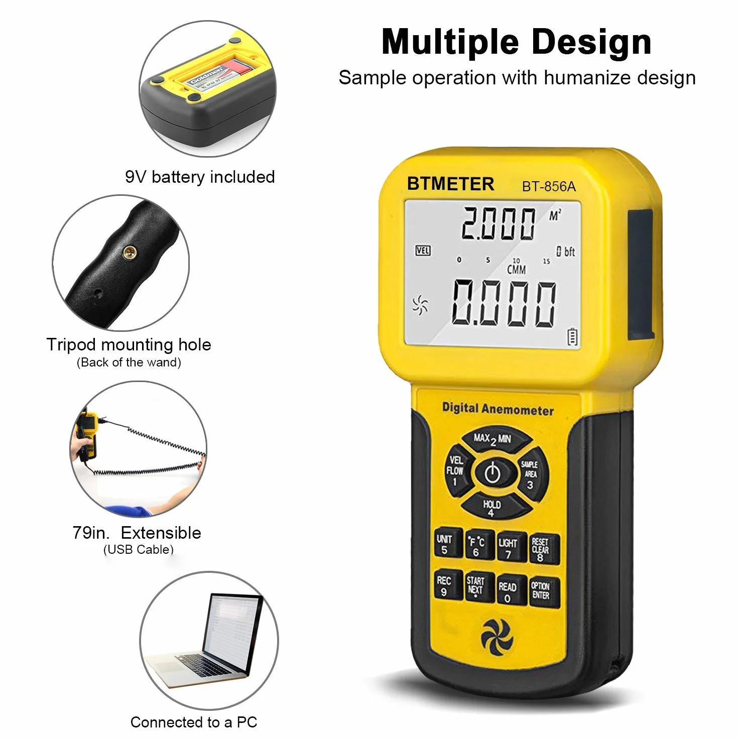 BTMETER Anemómetro BT-856A Pro CFM Medidor Velocidad Viento Flujo Aire HVAC USB