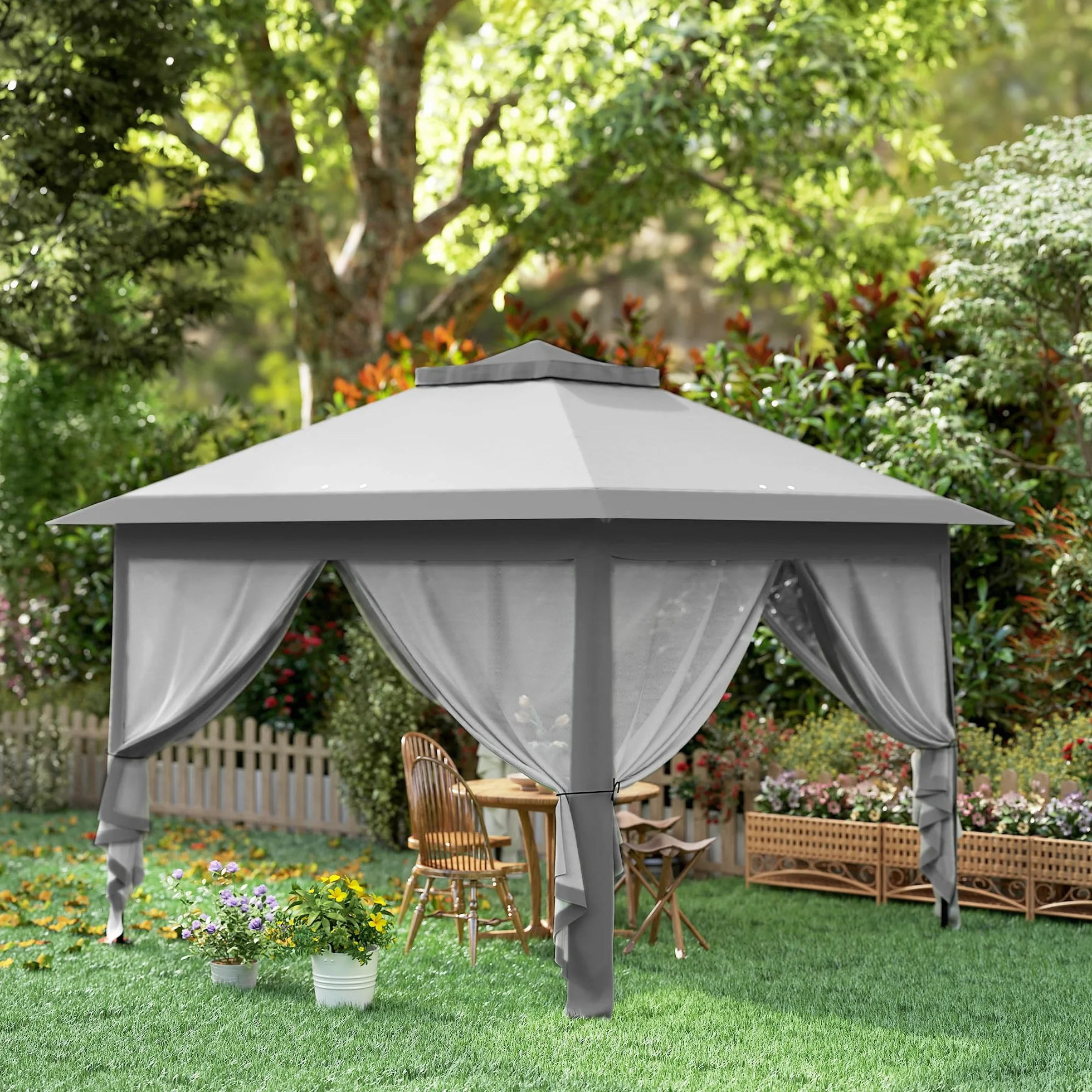 Outsunny Carpa Plegable 3,3x3,3 m Cenador de Jardín con Altura Ajustable en 3 Niveles Doble Techo 4 Mosquiteras Extraíbles y Bolsa de Transporte Impermeable Anti-UV Gazebo para Exterior Fiestas Gris