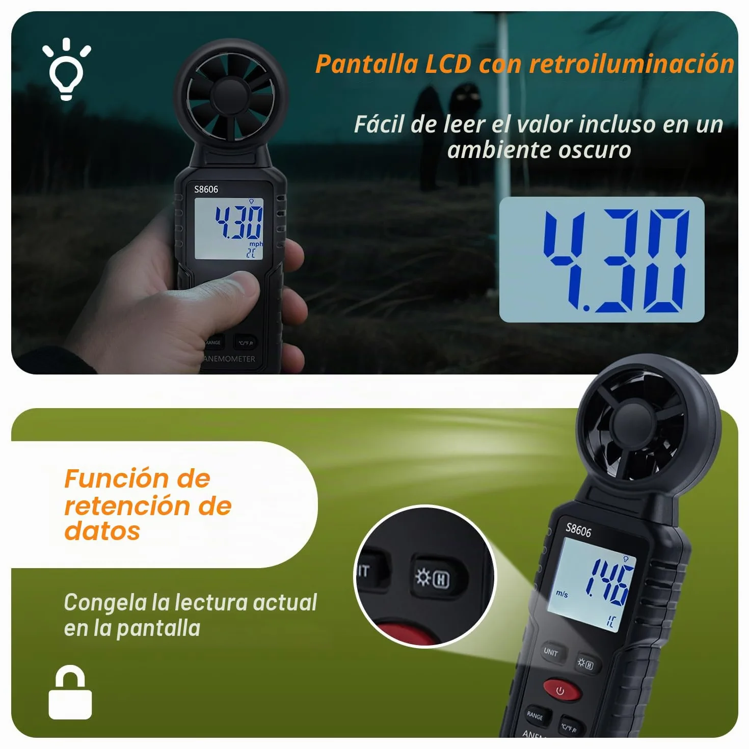 Anemómetro Portátil Digital 3 en 1, Medidor de Velocidad del Viento con Temperatura y Windchill