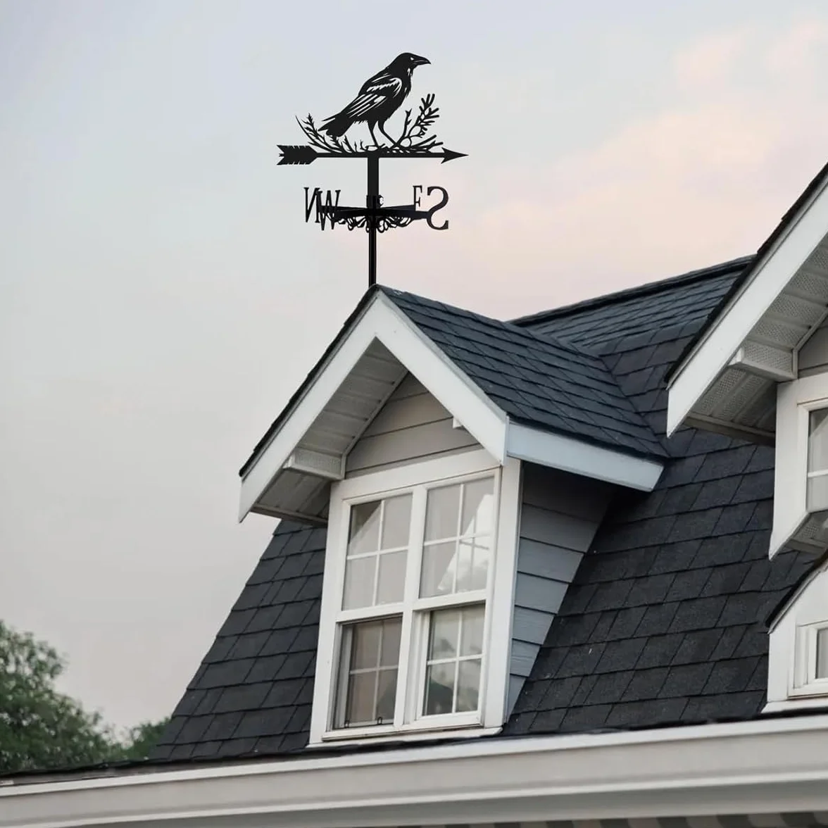 Veleta de Metal con Forma de Cuervo, Indicador Dirección Viento, Adorno Jardín Techo