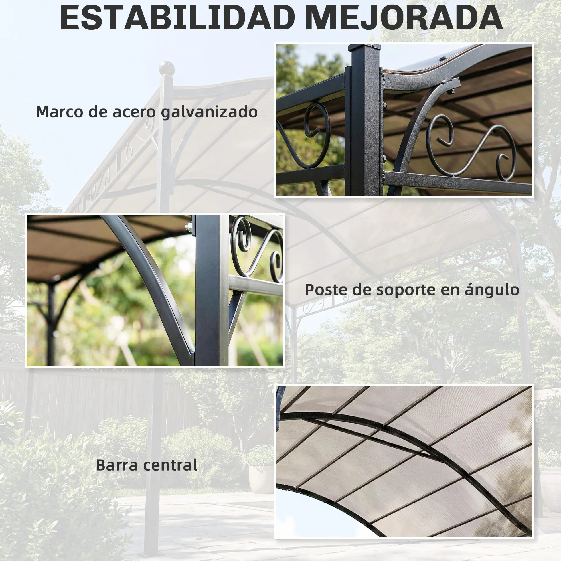 Outsunny Pérgola de Jardín 3x3 m, Cenador con Techo Arqueado, Dosel UV30+, Estructura de Metal Galvanizado, Blanco Crema