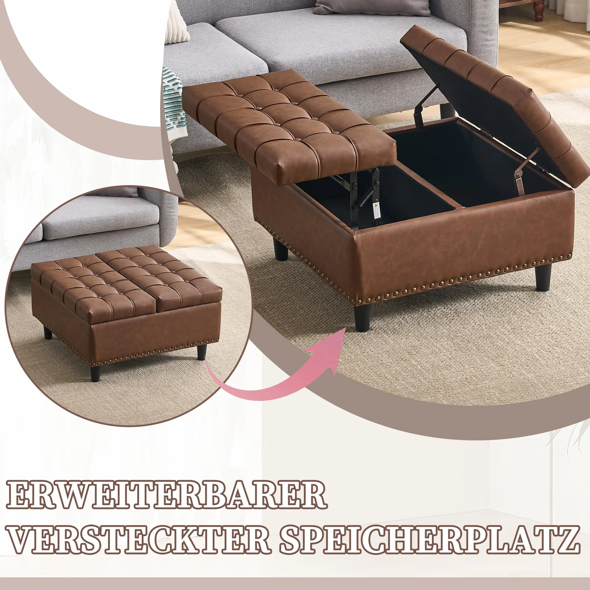 Silla de almacenamiento grande cuadrada banco elevable caja acolchada marrón PU