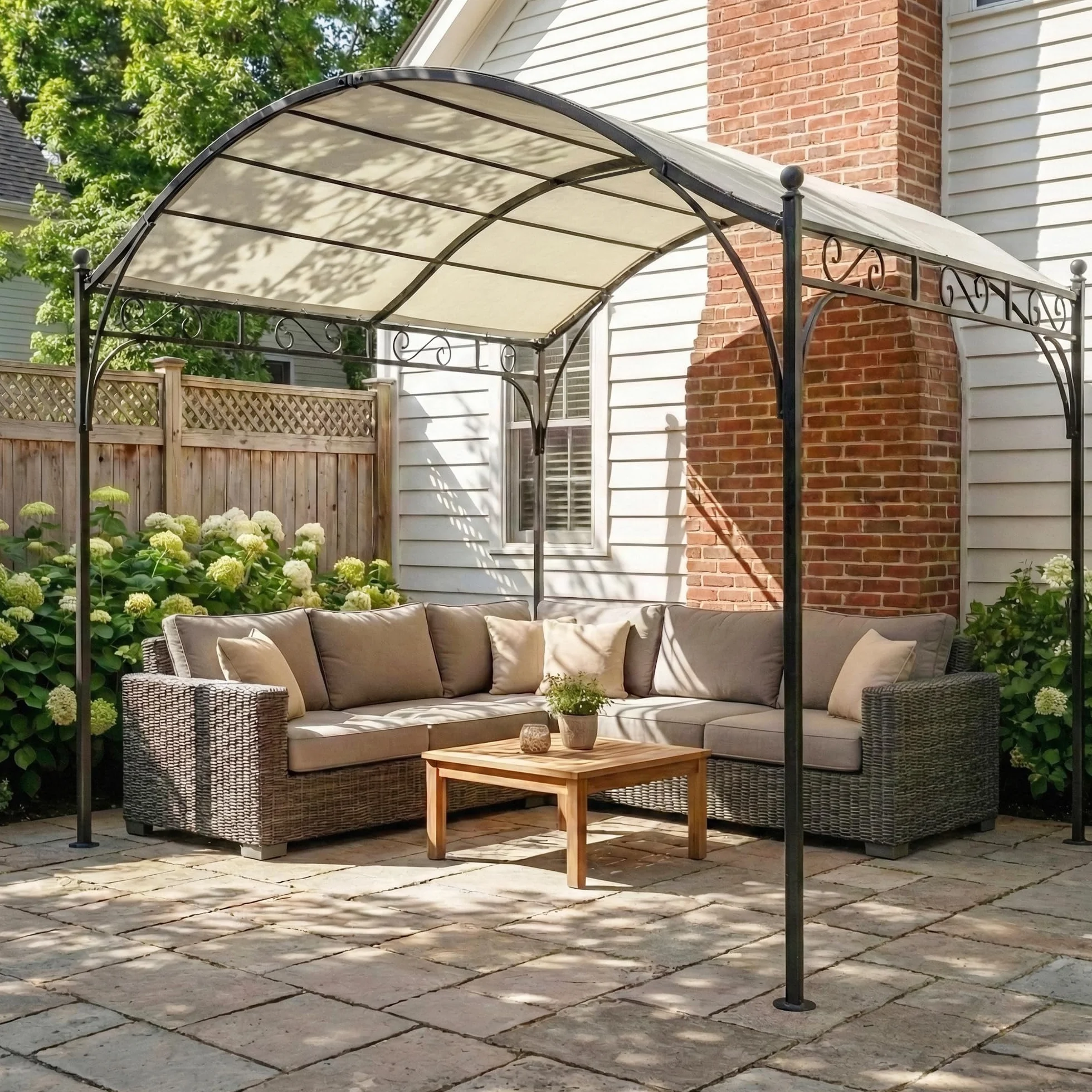 Outsunny Pérgola de Jardín 3x3 m, Cenador con Techo Arqueado, Dosel UV30+, Estructura de Metal Galvanizado, Blanco Crema