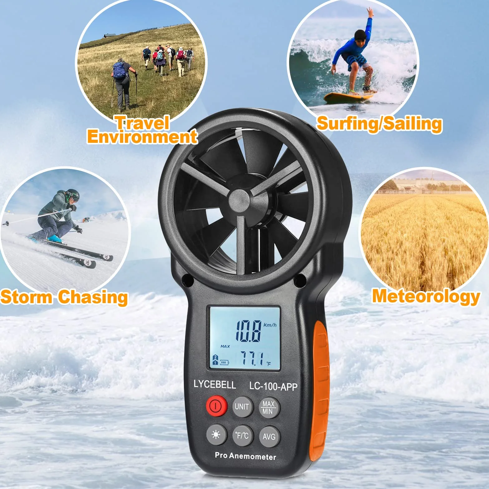 Anemómetro Digital de Mano LC-100-APP Bluetooth Medidor de Velocidad del Viento Temperatura