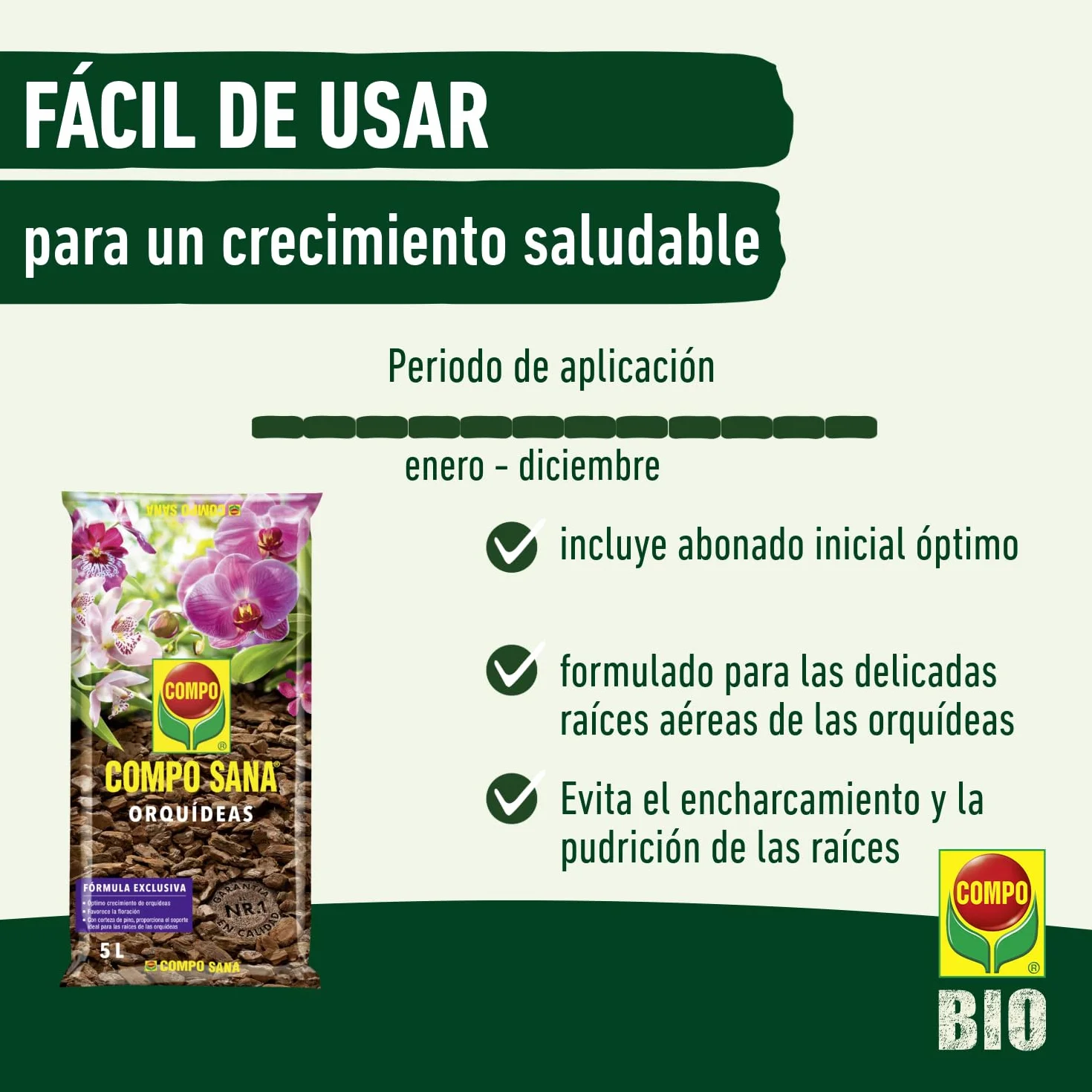 Compo Sana Substrato de orquídeas con abono 8 semanas, Corteza de Pino, 5 L
