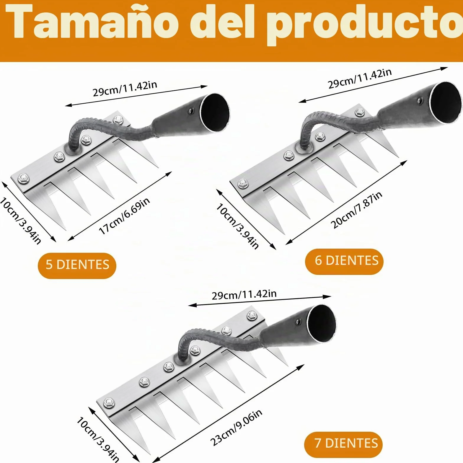 Rastrillo de Jardín de Acero al Carbono, 7 Dientes, Herramienta Multiusos para Deshierbar y Aflojar