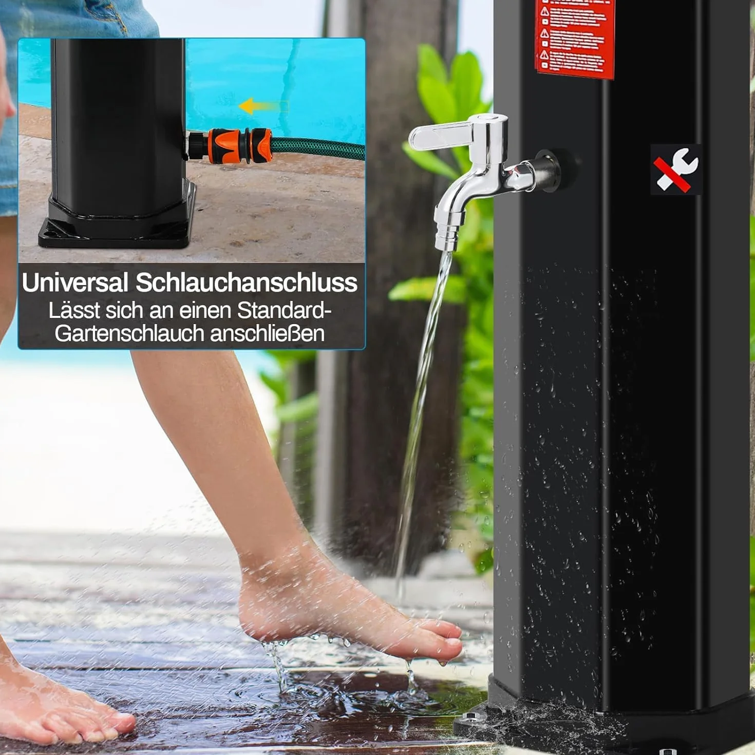 Ducha Solar 40 litros 225cm Jardín Cabezal Giratorio Agua Caliente 60°C sin Conexión Eléctrica