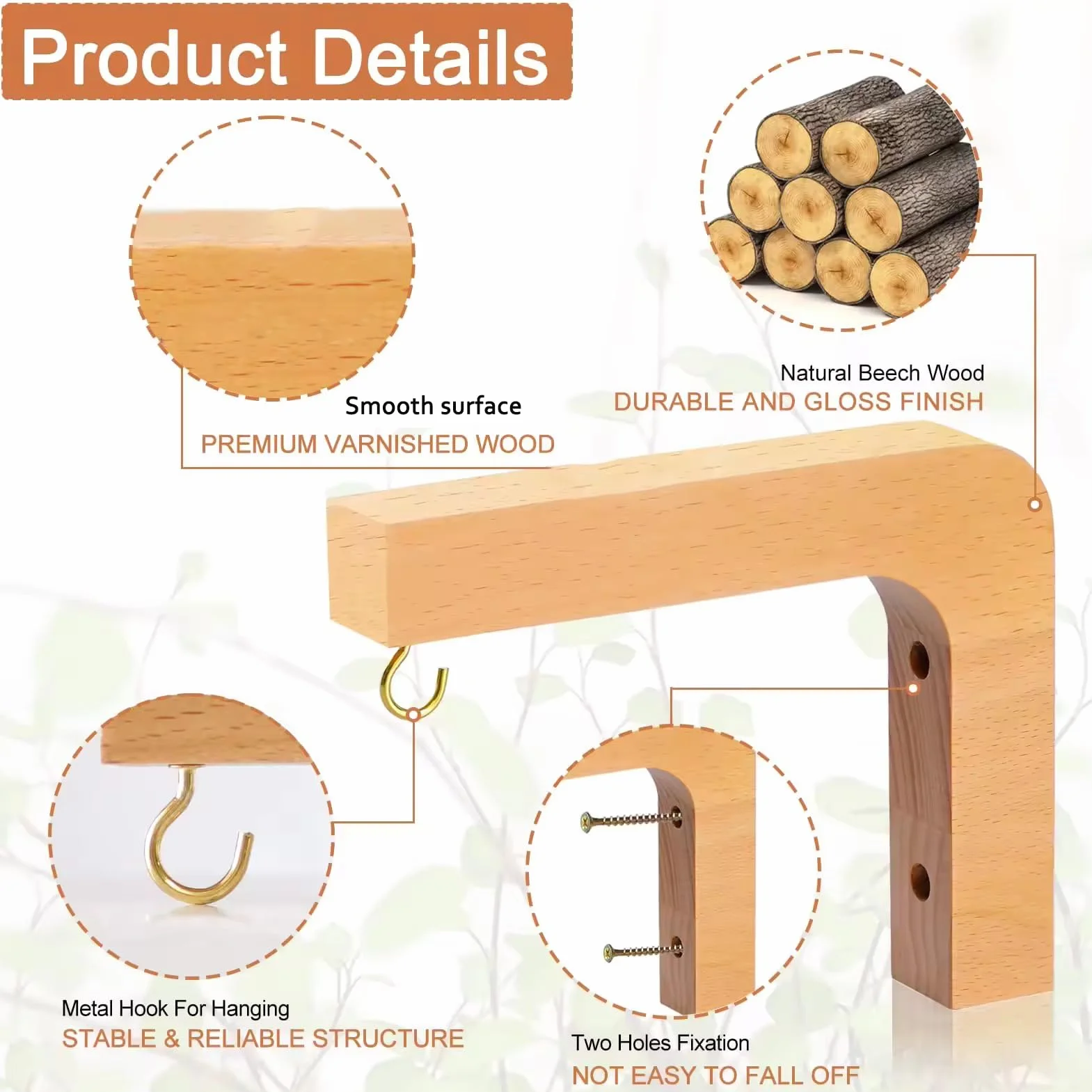 Soporte para Plantas Colgantes de Pared Ganchos de Madera, Carga 20 kg, 2 Piezas