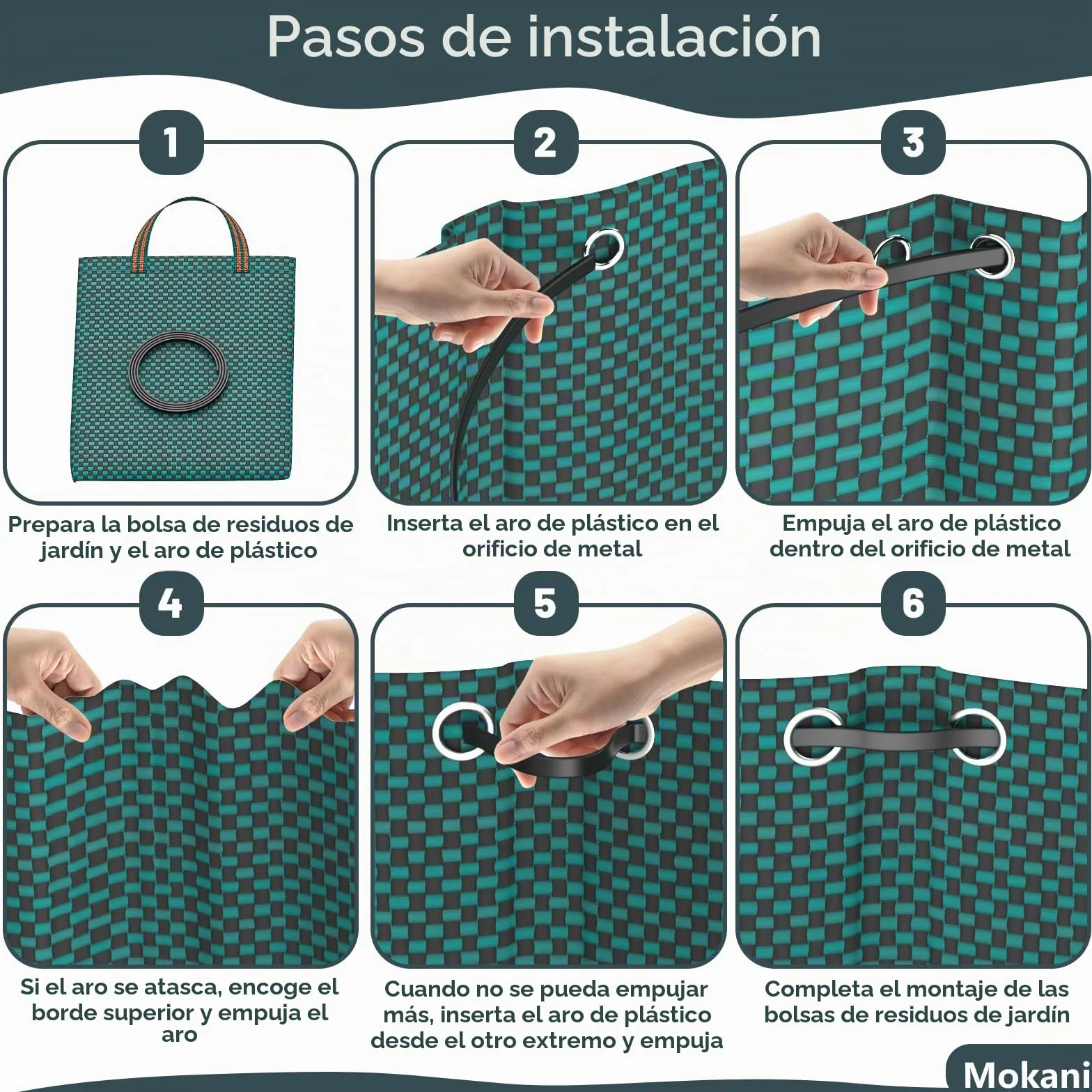 Mokani Bolsas de basura de jardín 300 L x 3 resistentes con asas reutilizables plegables