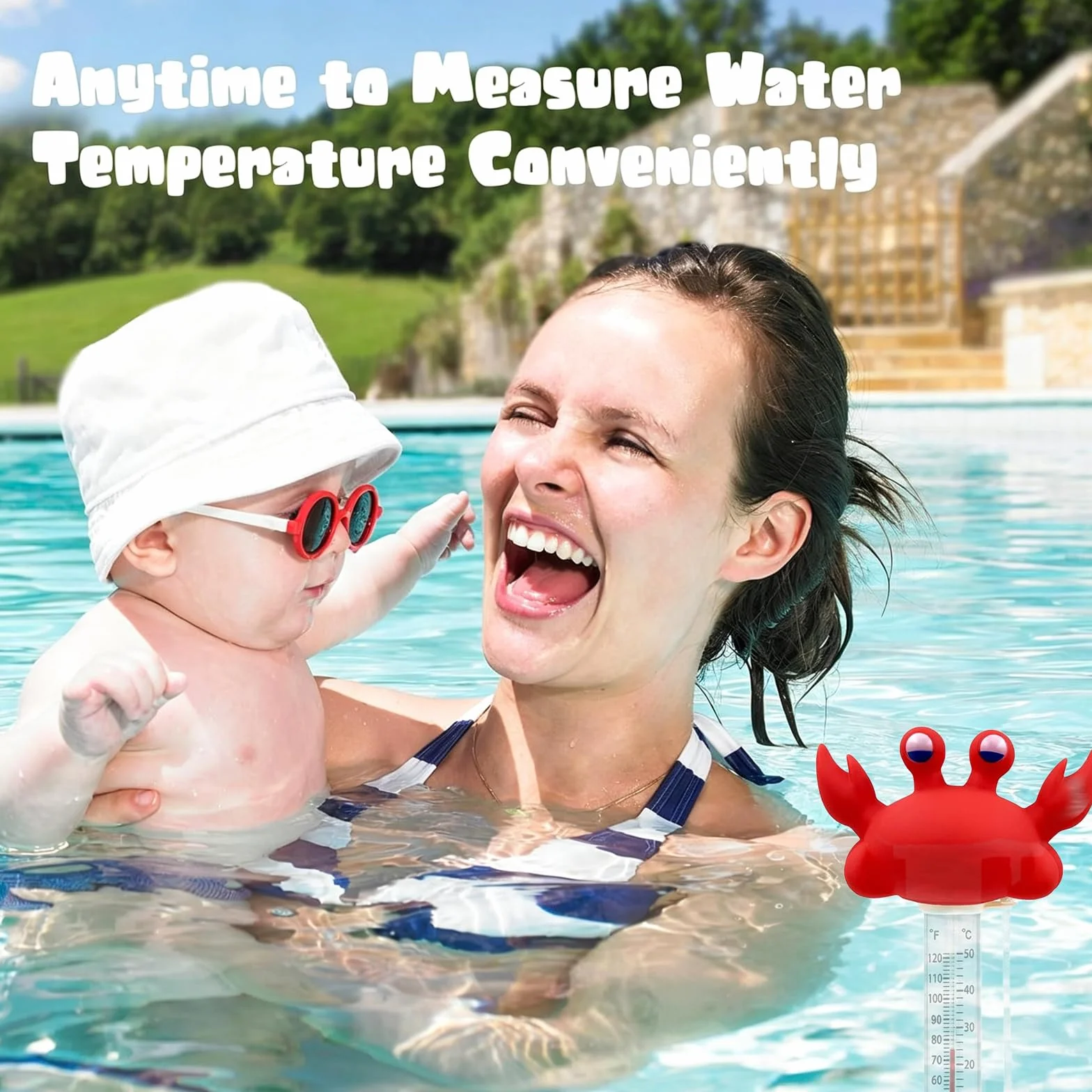Termómetro de agua flotante para piscina, diseño de dibujos animados, resistente a roturas con cuerda, Cangrejo