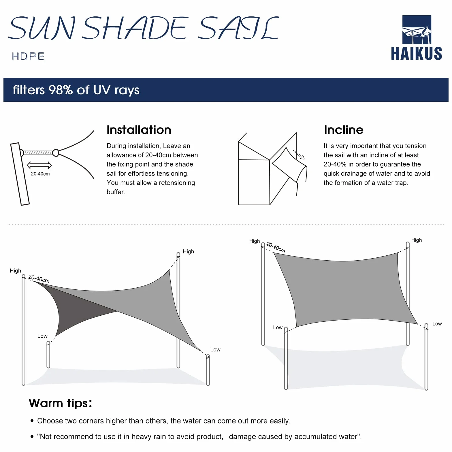 HAIKUS Toldo Vela Rectangular 4x6 m HDPE Transpirable 98% Protección UV para Exterior