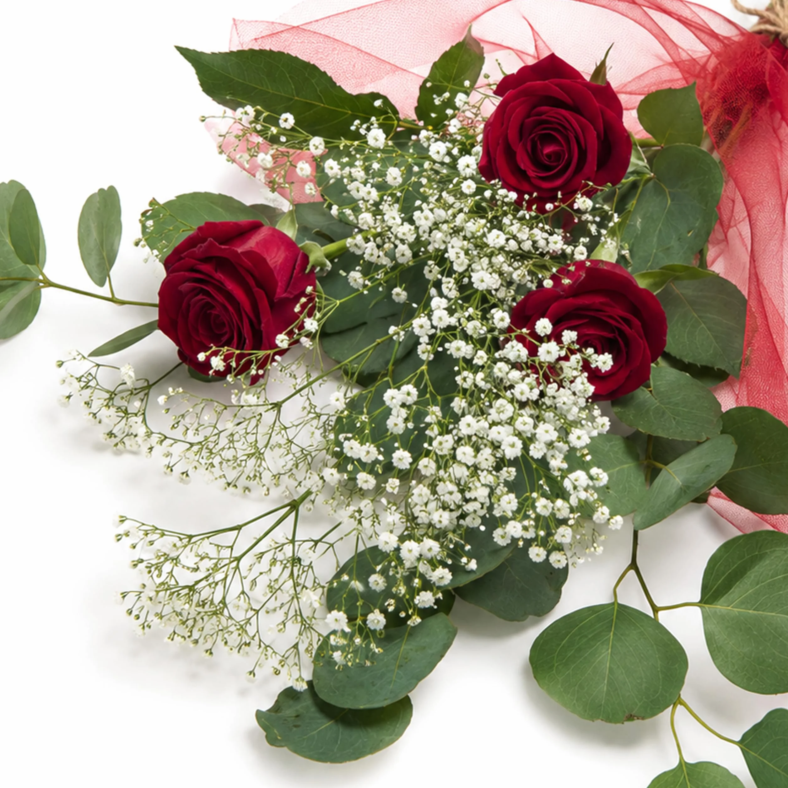 Ramo de 3 Rosas Frescas Naturales con Paniculata, Rosa Roja para Ella, Detalle Romántico