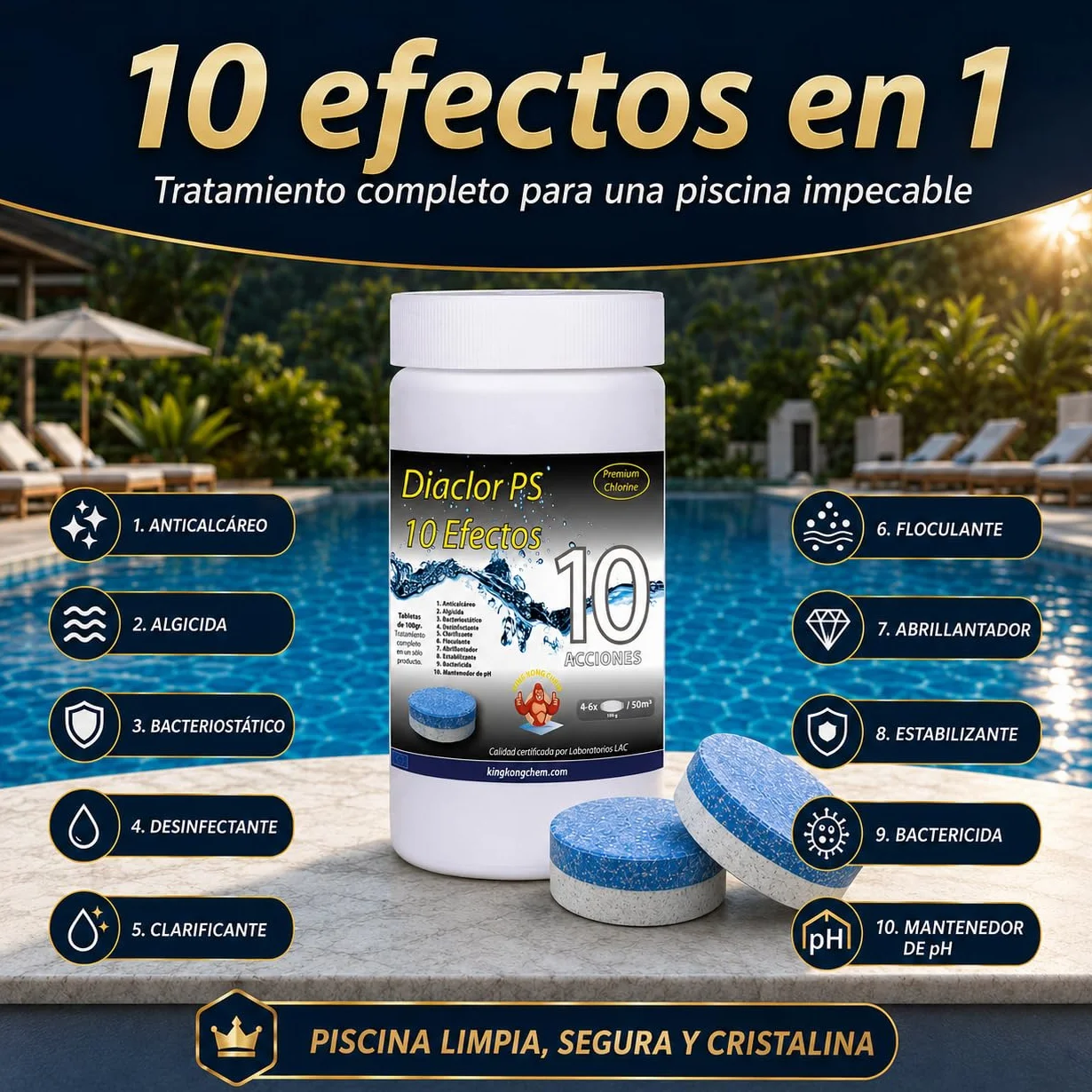 Cloro Total para Piscinas DIACLOR PS 10 1 KG Pastillas de Cloro Multiacción 100 gr