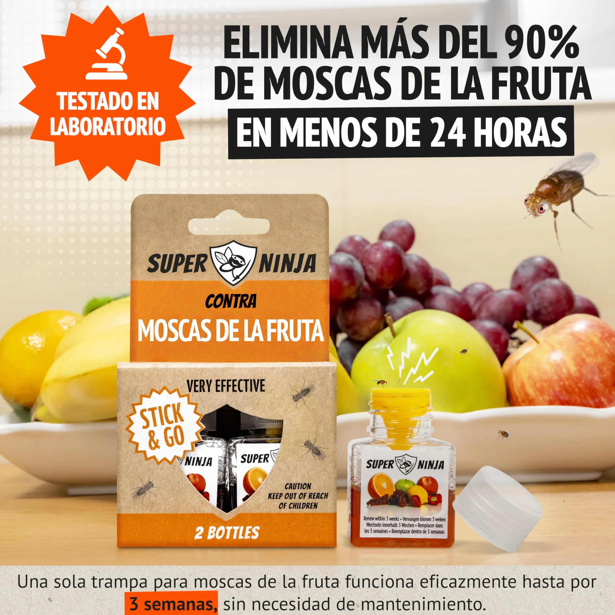 Trampas para Moscas de la Fruta Pack 2, Trampa para Moscas Interior Hogar Cocina, Cebo Líquido Eficaz 3 Semanas