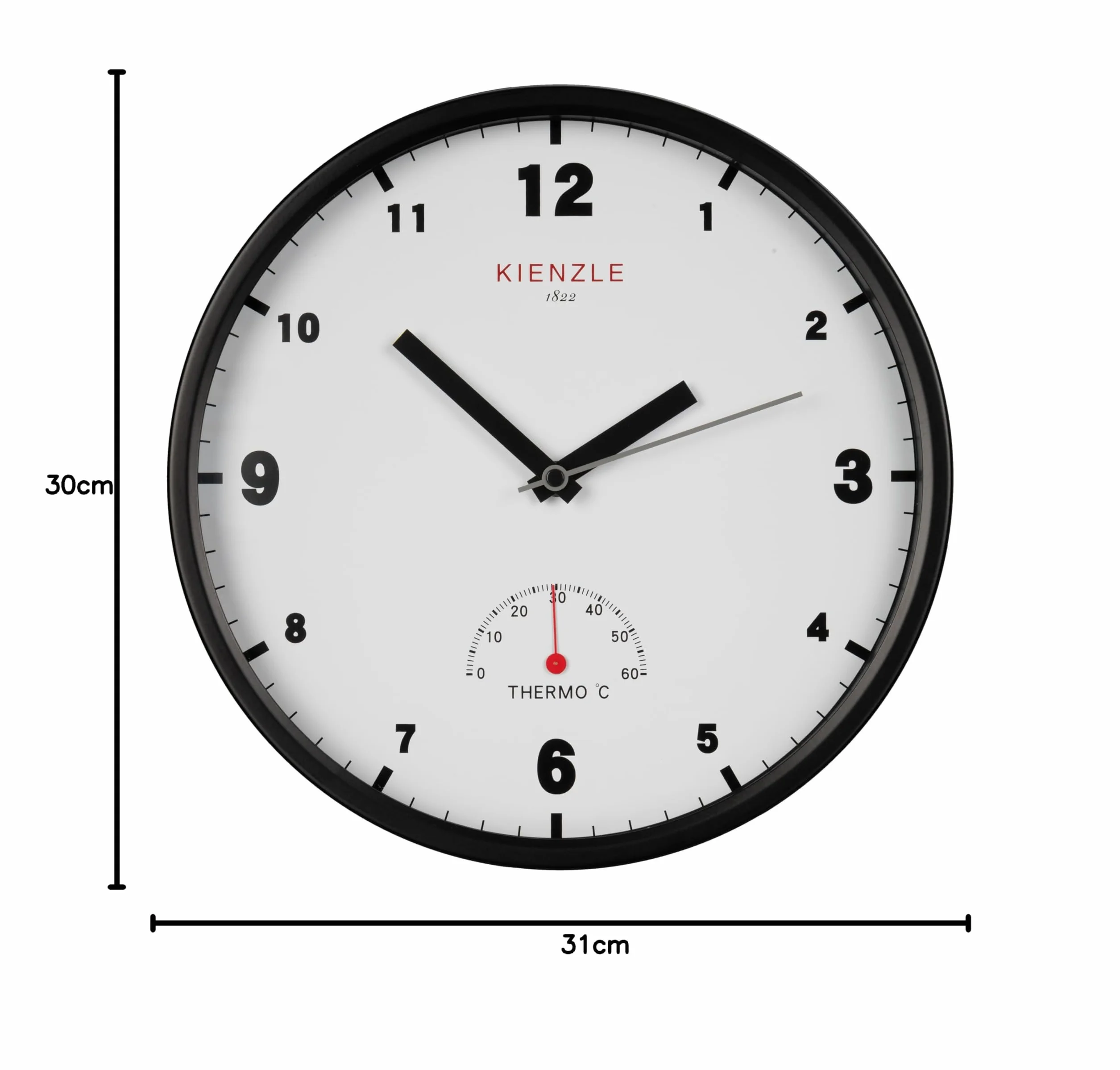 Kienzle Reloj de Pared radiocontrolado DCF Exterior Ø 30 cm con termómetro Resistente a Salpicaduras Marco de Acero