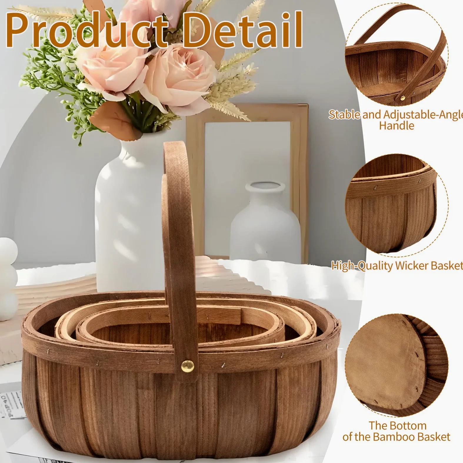 Paquete de 3 cestas de madera para pan, cesta de picnic tejida a mano con asas, organizador de almacenamiento para verduras, frutas, bodas, 3 tamaños