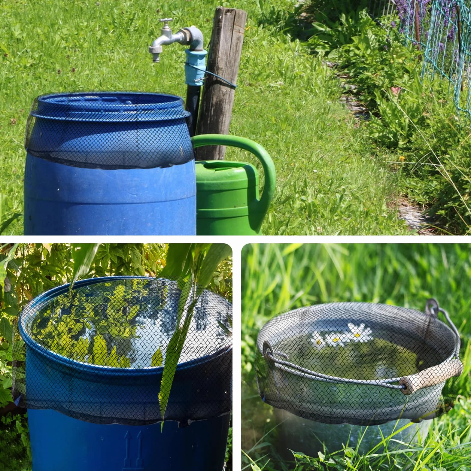 Cubiertas de red ajustables para barriles de lluvia, red protectora de malla de 60 cm