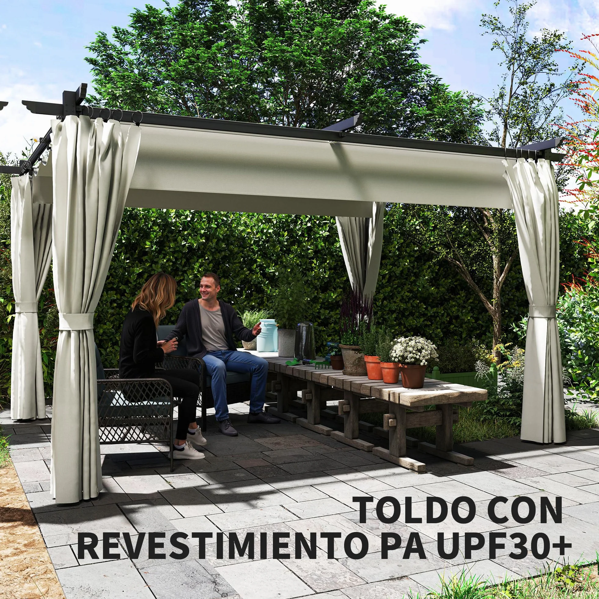 Outsunny Pérgola de Aluminio 4x3 m con Techo Retráctil y Paredes Laterales Anti-UV Resistente al Agua para Jardín