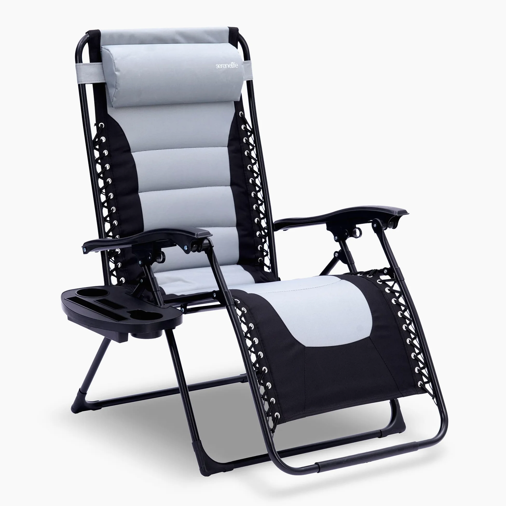 Silla de césped Acolchada Plegable para Exteriores, Gravedad Cero, reclinables de Malla de Acero Ajustable, con Almohadas extraíbles y mesas auxiliares para portavasos, Juego de 2, Gris y Negro