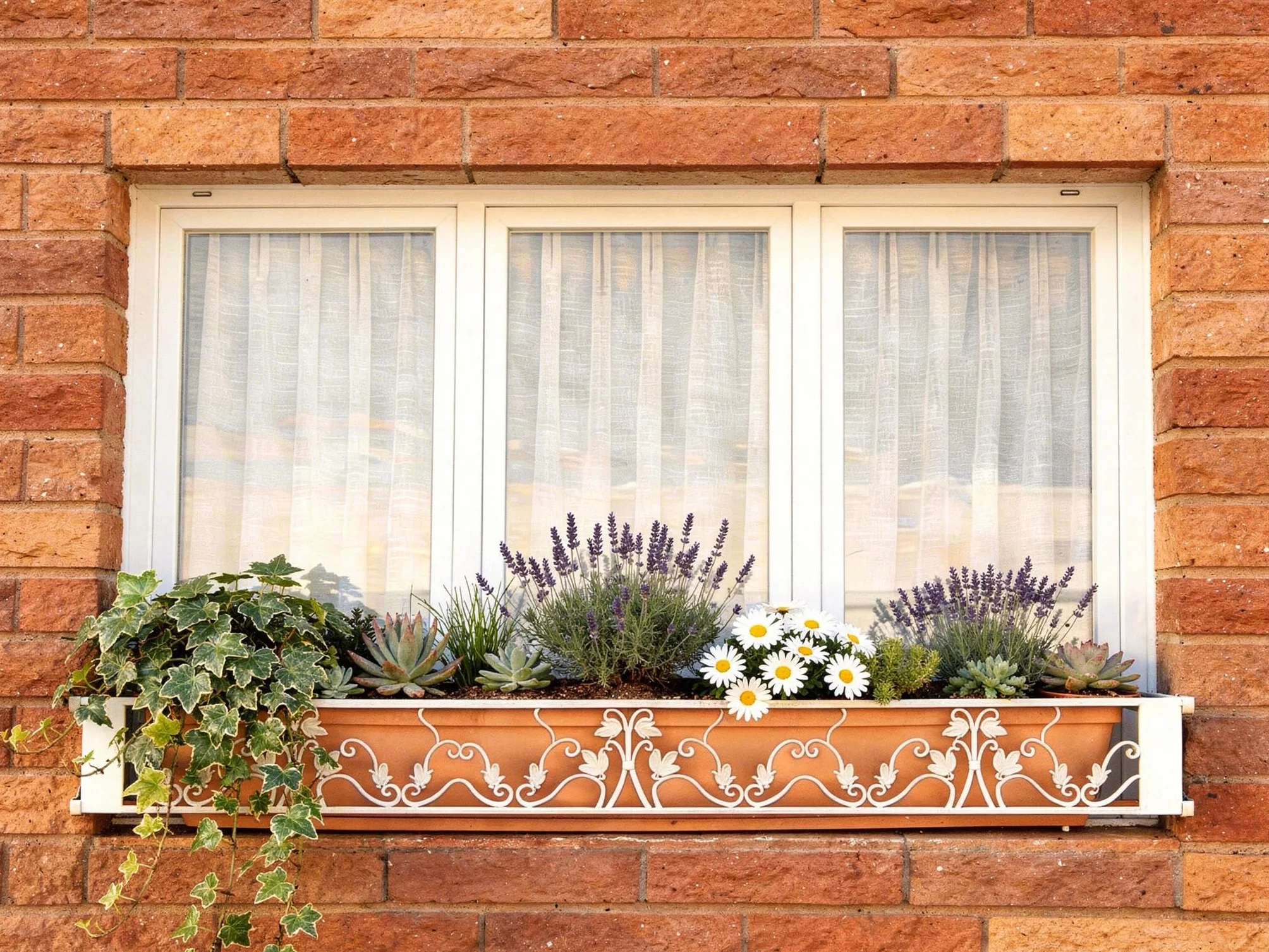 Balconcillo para Macetas, Balconcillo para Plantas, Portamacetas Ventana, Protector de macetas, Modelo Floral Extensible 140-200 cm, Blanco