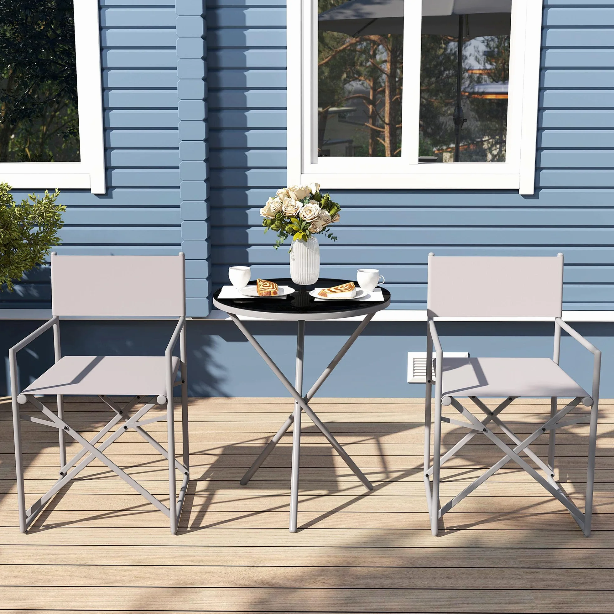 Outsunny Conjunto de Muebles de Jardín de 3 Piezas con Sillas Plegables y Mesa de Vidrio Templado Gris Oscuro