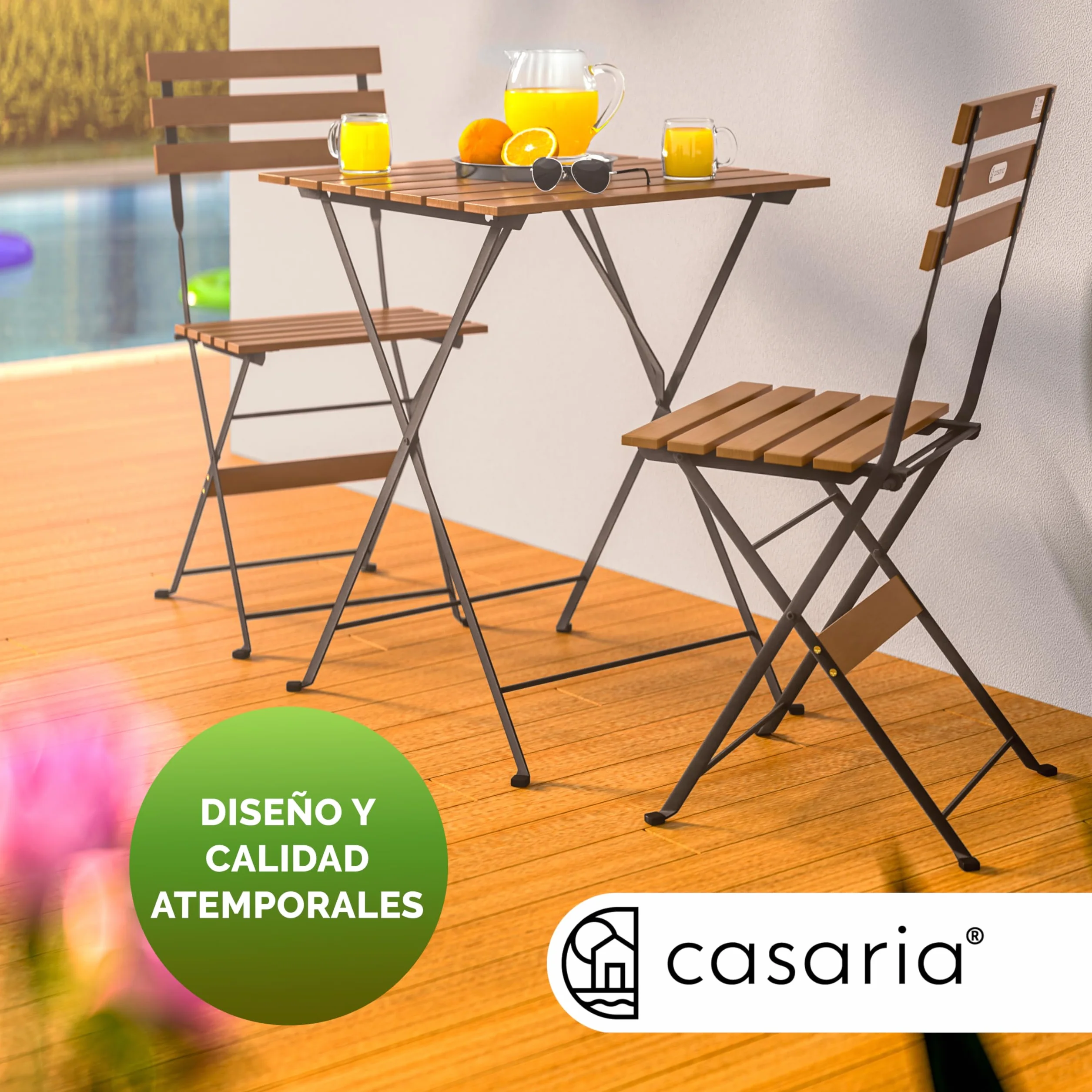 CASARIA® Set Muebles de Balcón 3 Pzs Mesa 2 Sillas Jardín Plegables Completo Metal Madera Acacia Certif FSC®