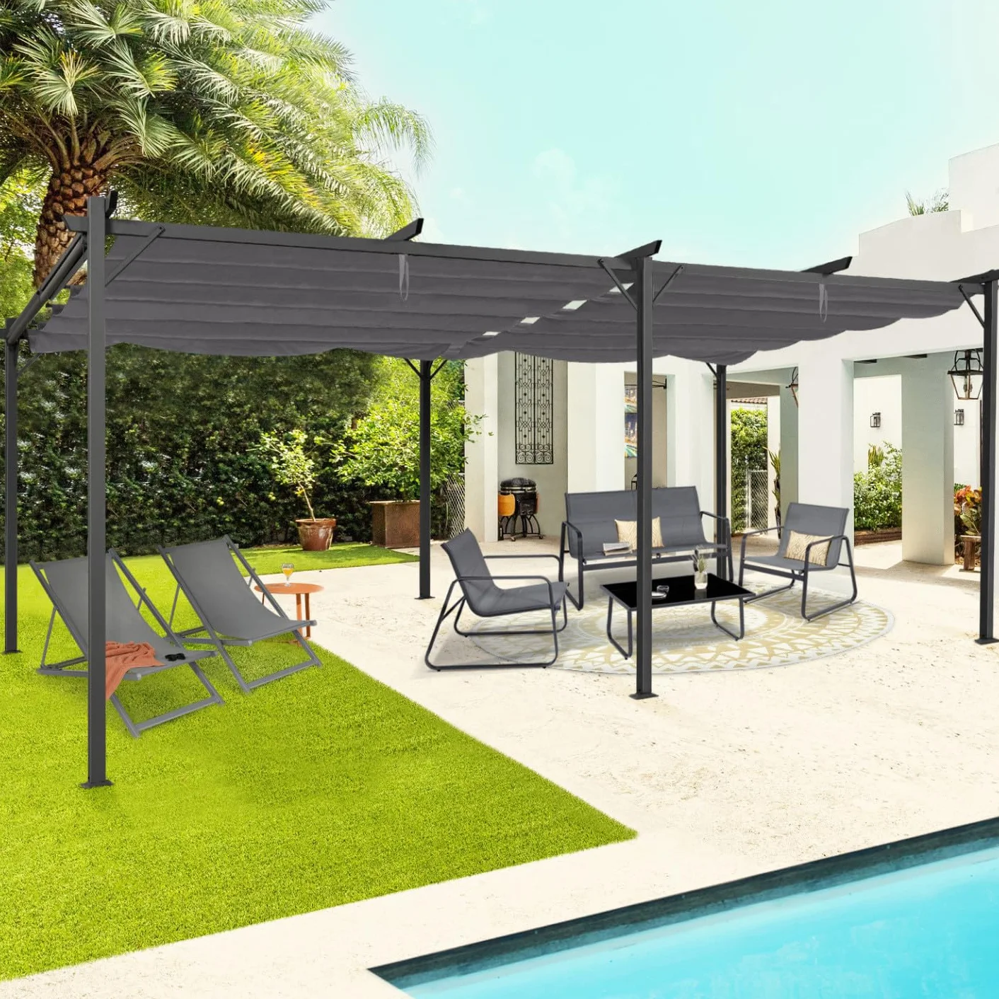 Pérgola con techo retráctil de 3 x 6 m, cenador gris antracita
