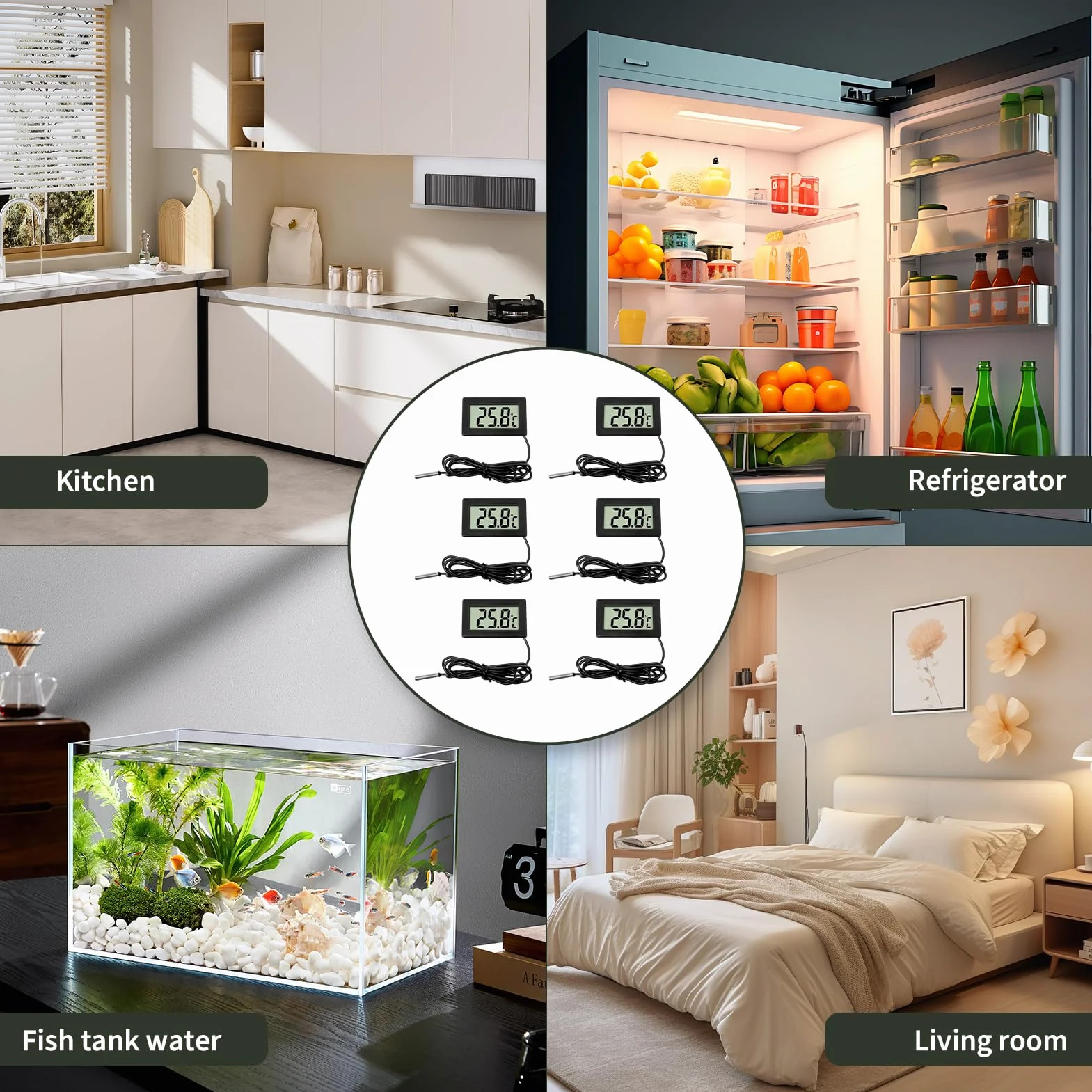 Termómetros Digitales LCD con Sonda Externa, Lote de 6, para Refrigerador Congelador Acuario Reptil
