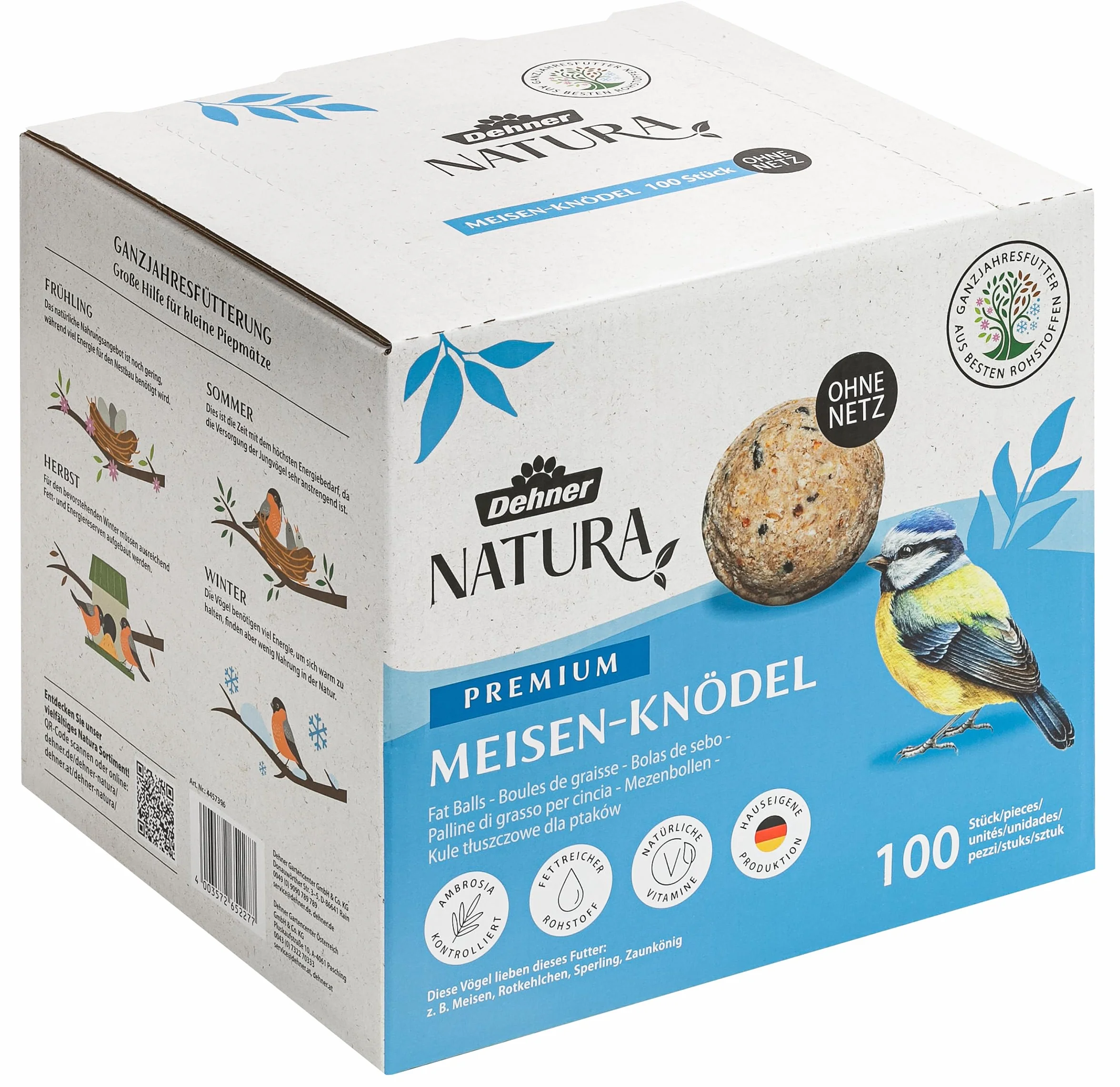 Dehner Natura albóndigas de Grasa para pájaros sin Red 100 Piezas 90g 9kg Caja FSC