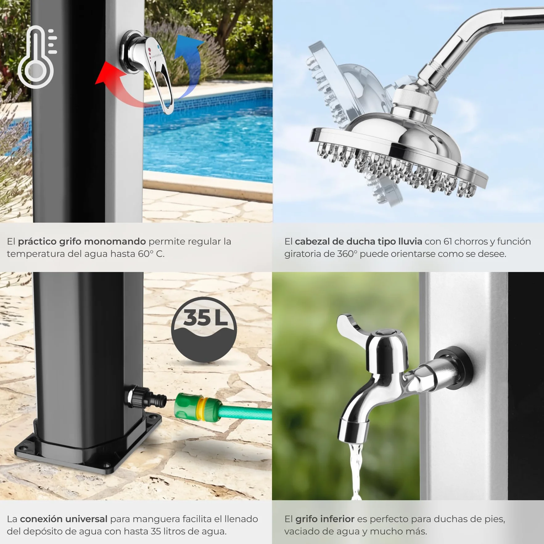 Tectake Ducha Solar Exterior 35L Negro/Plata Resistente Intemperie Alcachofa 360°